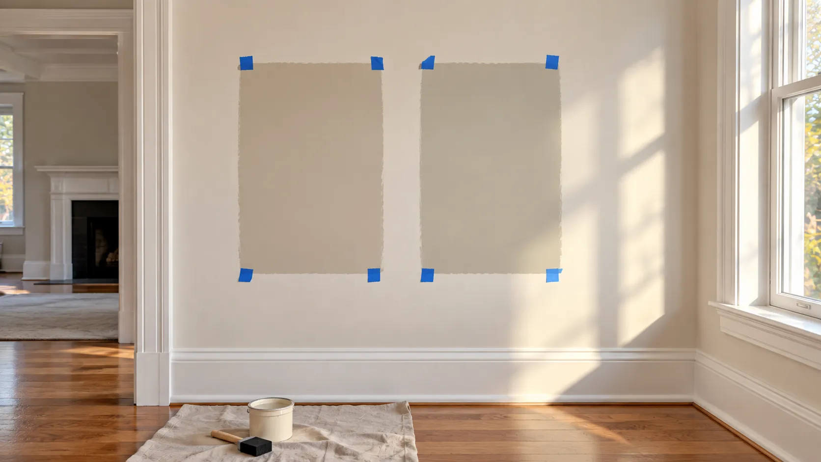 Benjamin Moore vs Sherwin-Williams paint on one wall: two painted sample boards in similar greige colors taped side by side in a New Jersey living room