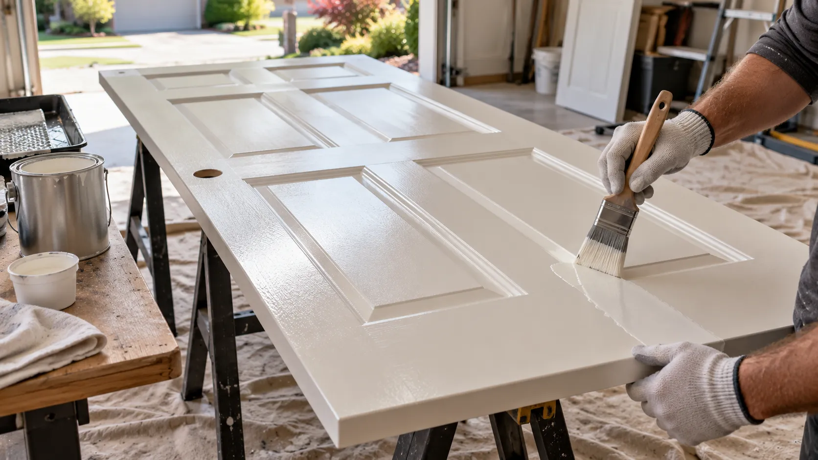 Painter brushing white waterborne enamel onto a six-panel interior door laid flat on sawhorses, with a smooth, level satin finish