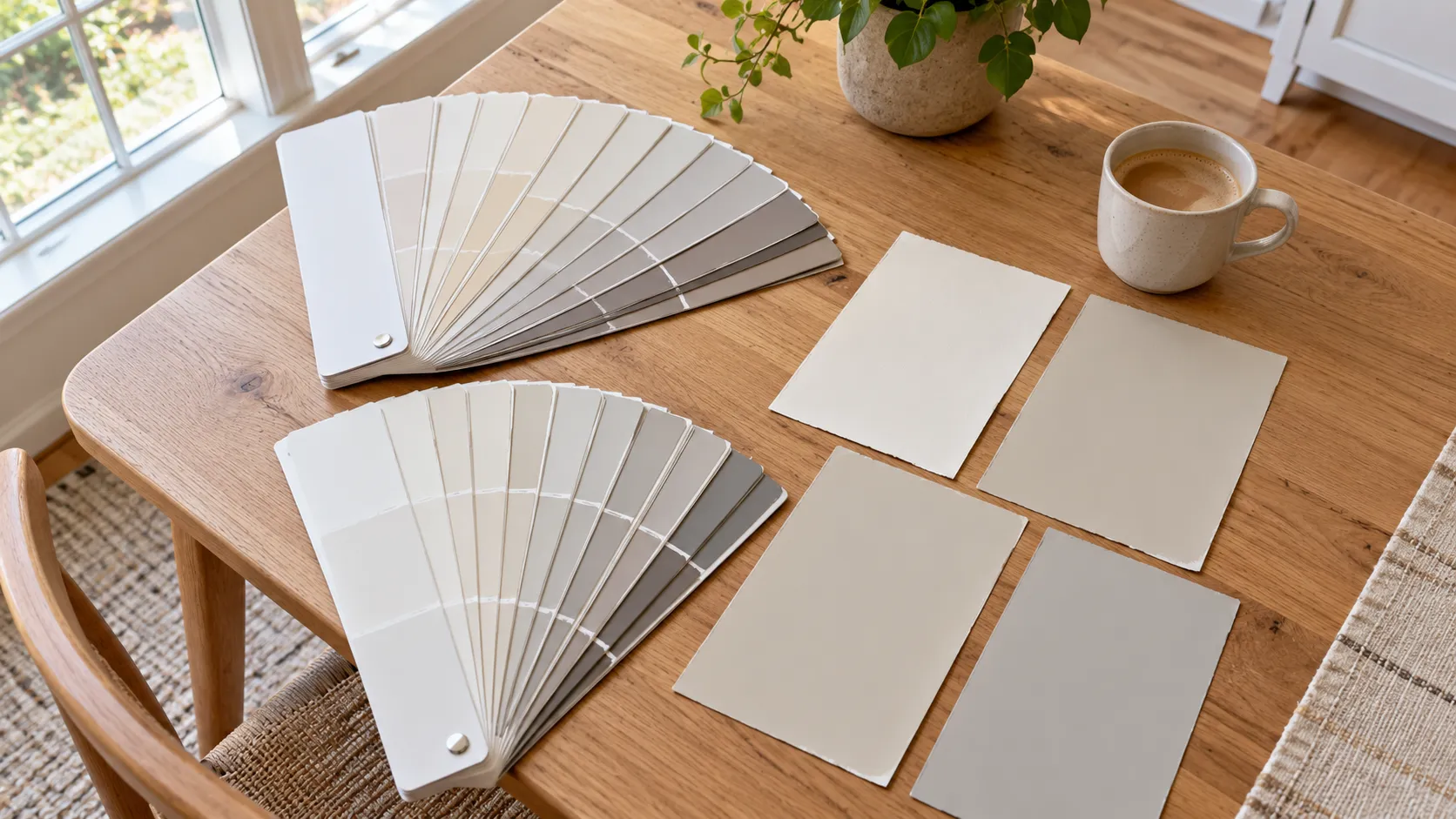 Open paint fan decks with white and greige color strips spread on a kitchen table next to large painted sample cards in natural window light