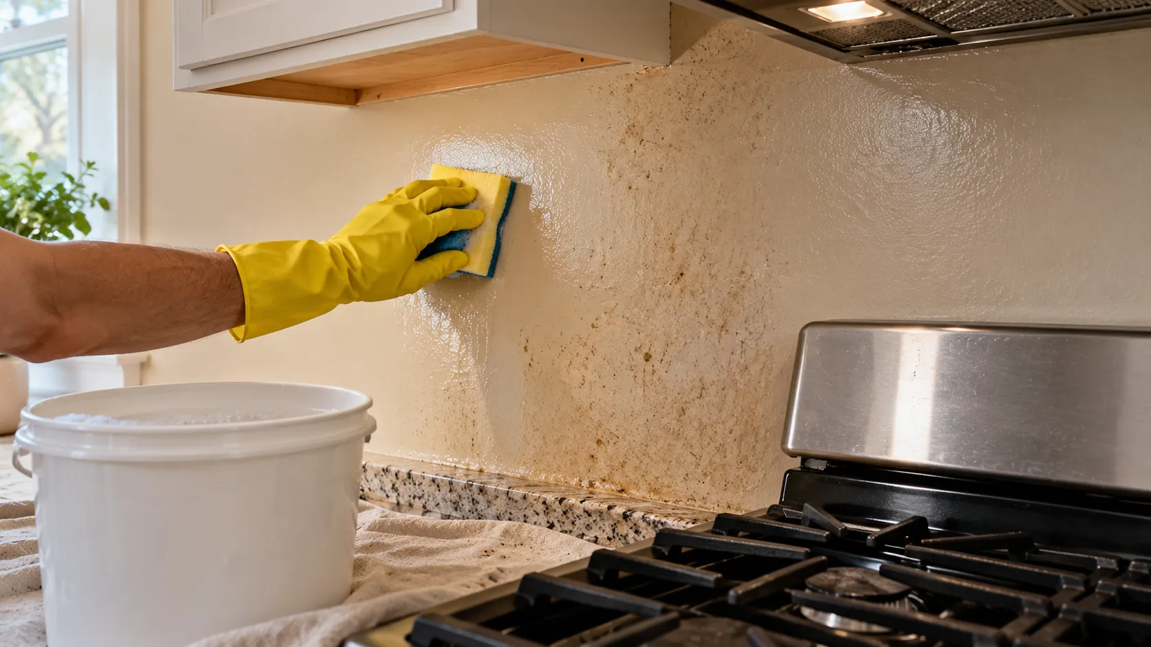 A hand in a rubber glove wiping a kitchen wall beside the range with a sponge, a bucket of cleaning solution on the floor, degreasing the wall before painting