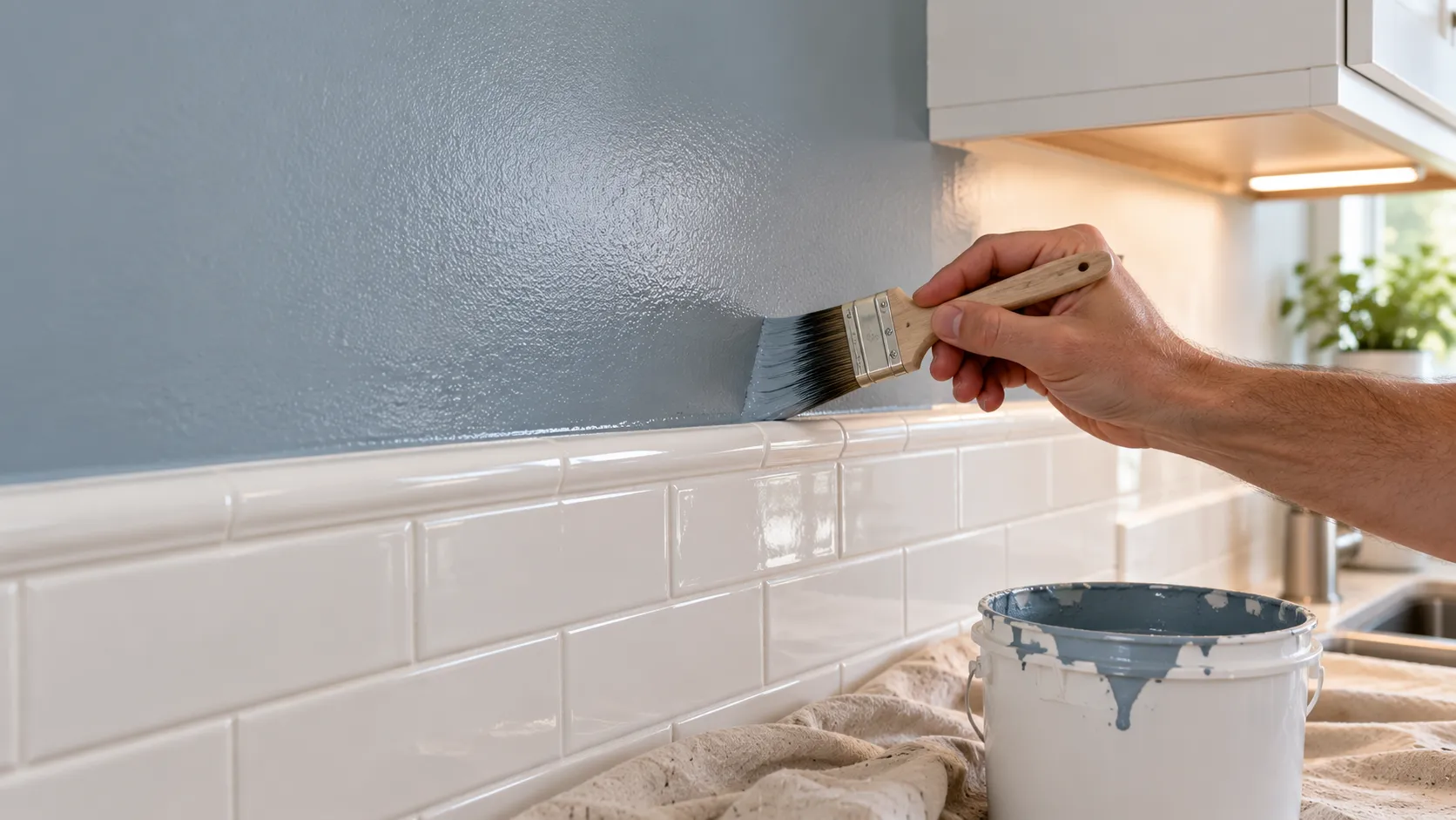 A painter's hand cutting in a crisp line of soft blue-grey satin wall paint with an angled brush just above a white tile backsplash, the tile left unpainted