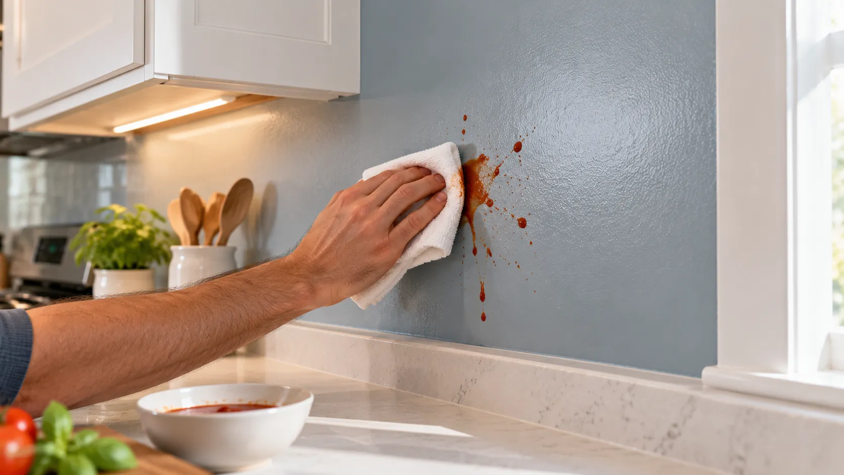 A hand wiping a small splash mark off a freshly painted soft blue-grey kitchen wall with a damp cloth, showing the washable finish