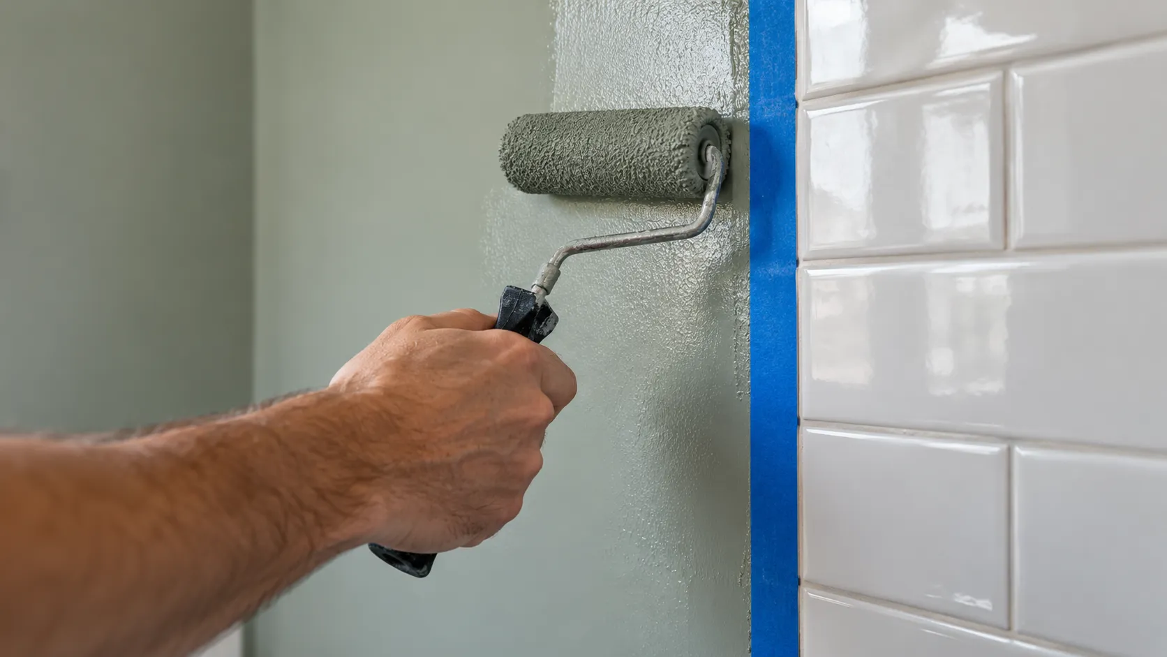Close-up of a painter's hand rolling satin paint onto a bathroom wall right beside white subway tile, the tile edge protected with blue painter's tape