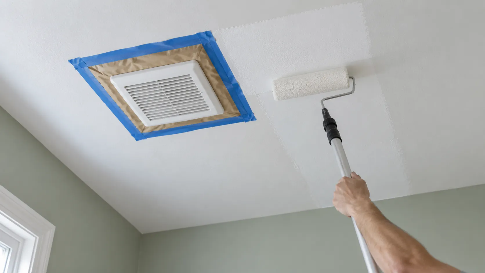 A painter's arm on an extension pole rolling flat white paint onto a bathroom ceiling around a ceiling exhaust fan grille that has been masked off