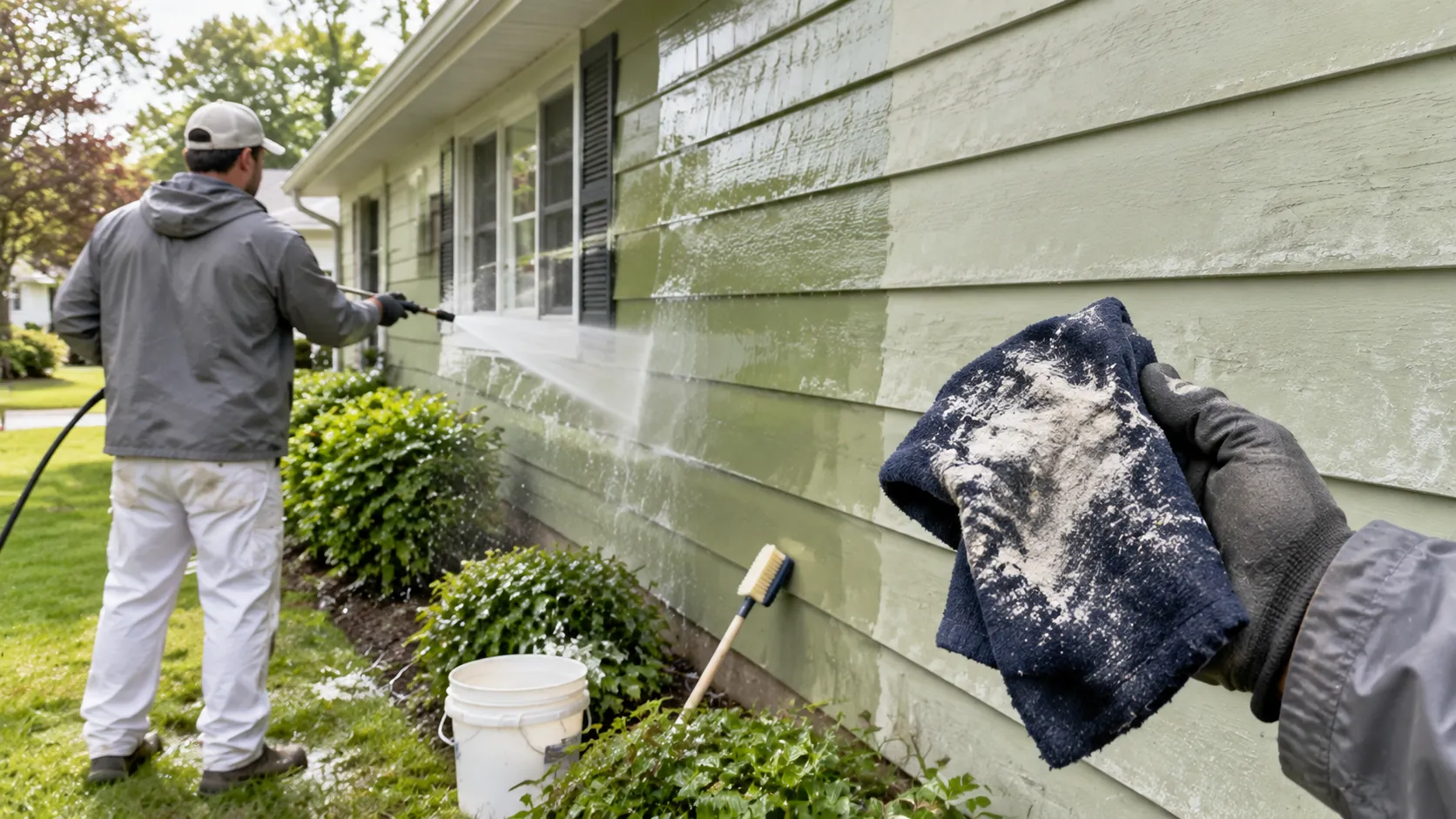 Painter washing chalky oxidation off faded aluminum siding on a New Jersey ranch house with a soft-wash pressure washer