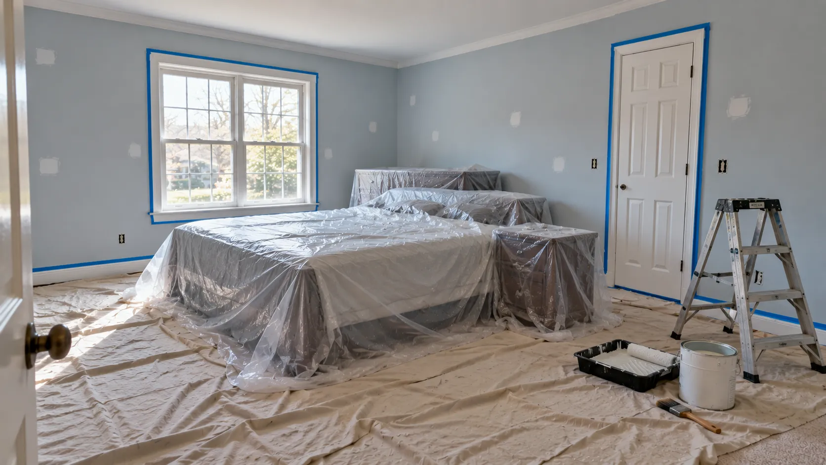 Bedroom in a New Jersey home prepared for painting, with furniture covered in the center of the room, drop cloths on the floor and painter's tape along the white trim