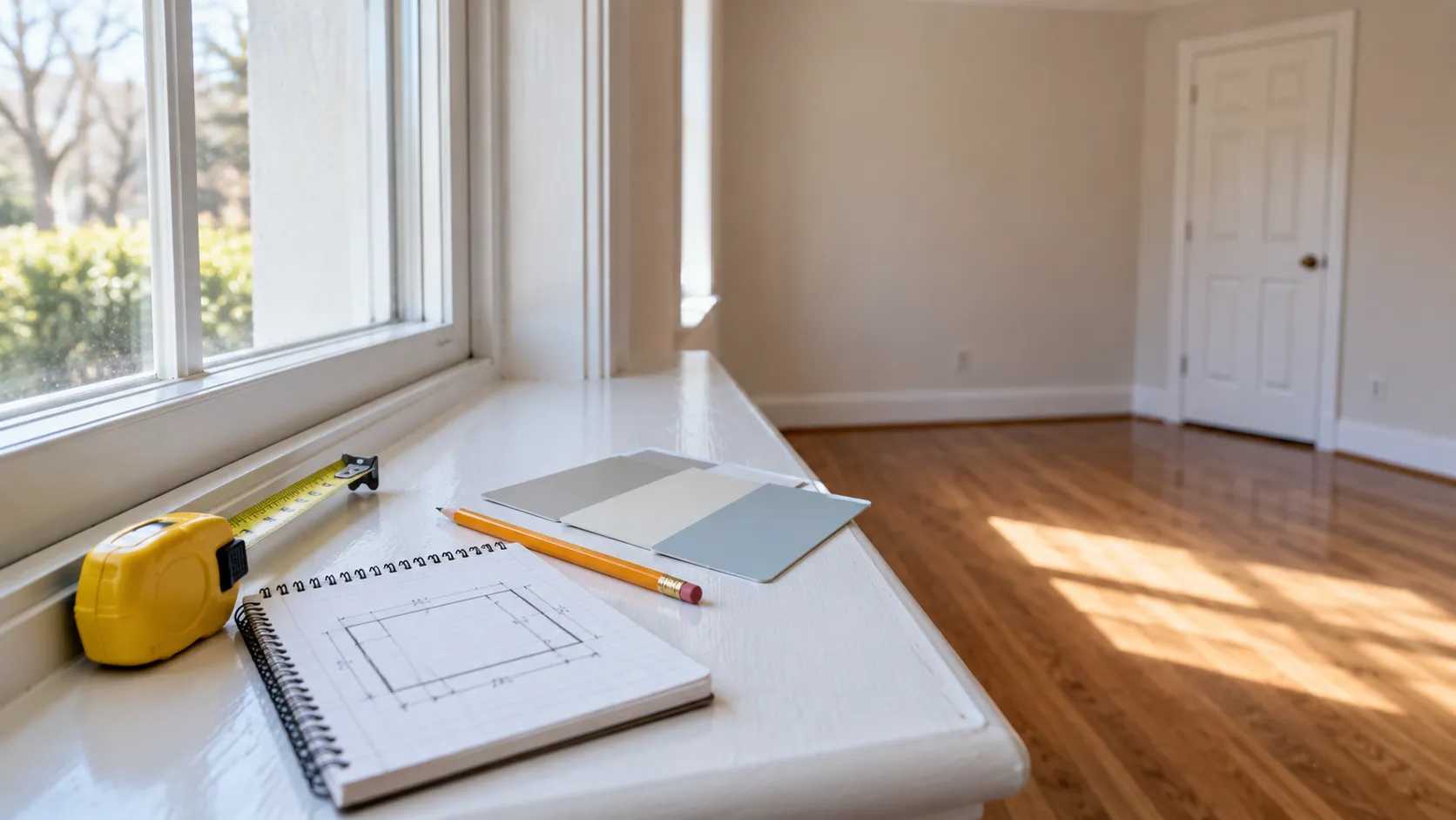 Tape measure, notepad with room measurements and paint color swatches on a windowsill in an empty bedroom of a New Jersey home before a painting estimate