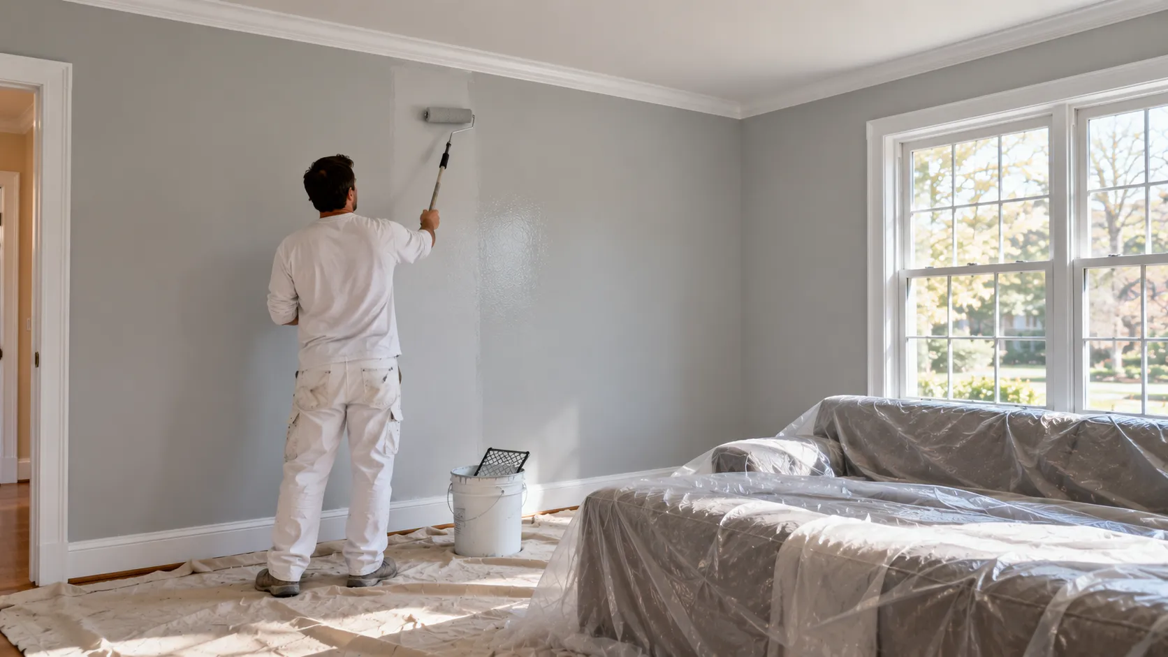 Painter seen from behind rolling a second coat of light gray paint on a living room wall in a New Jersey home, with the ceiling line and white trim already cut in