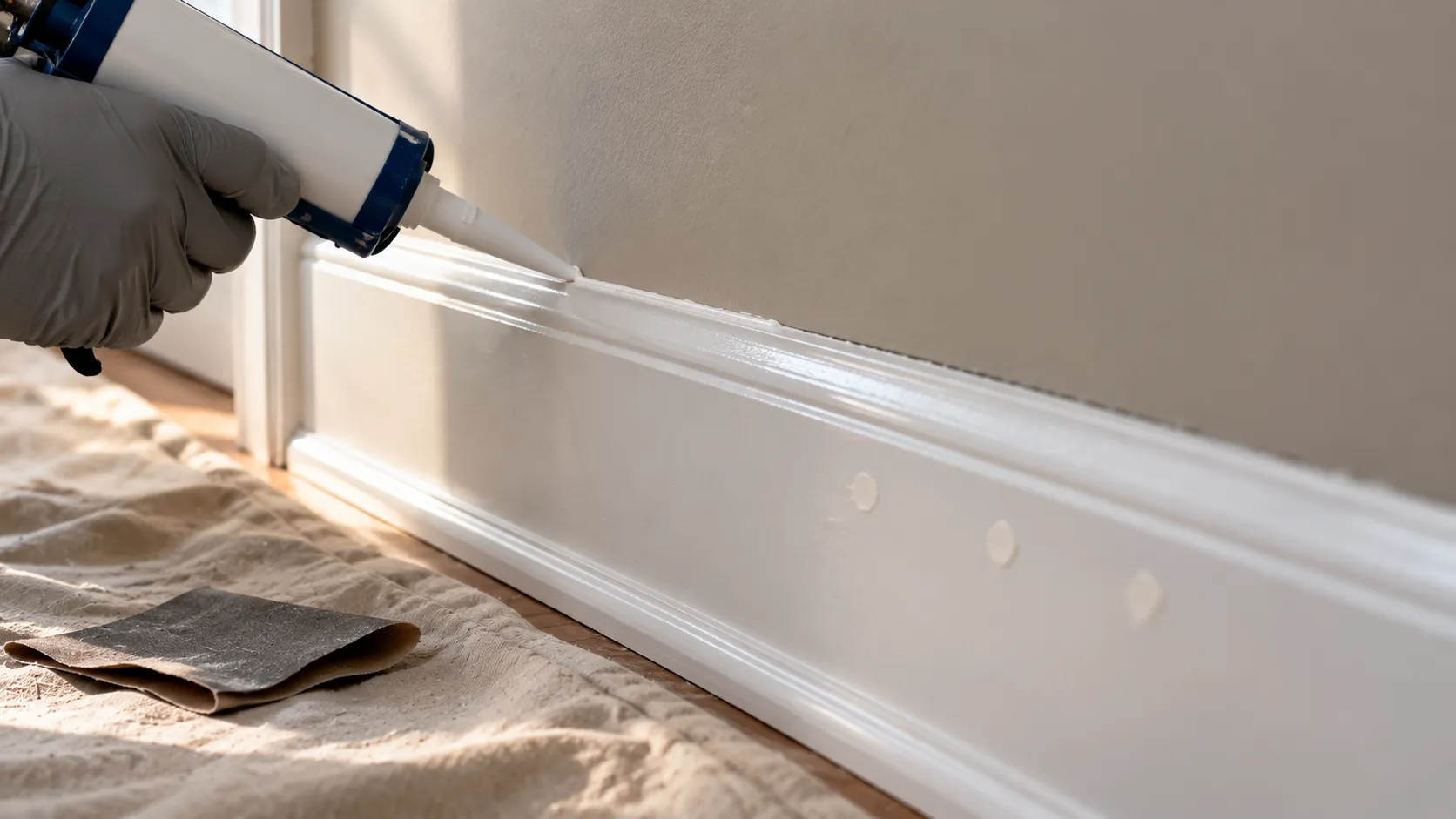 Close view of a painter's gloved hand running a bead of caulk along the top edge of white baseboard where it meets the wall in a New Jersey home, with filled nail holes sanded smooth nearby