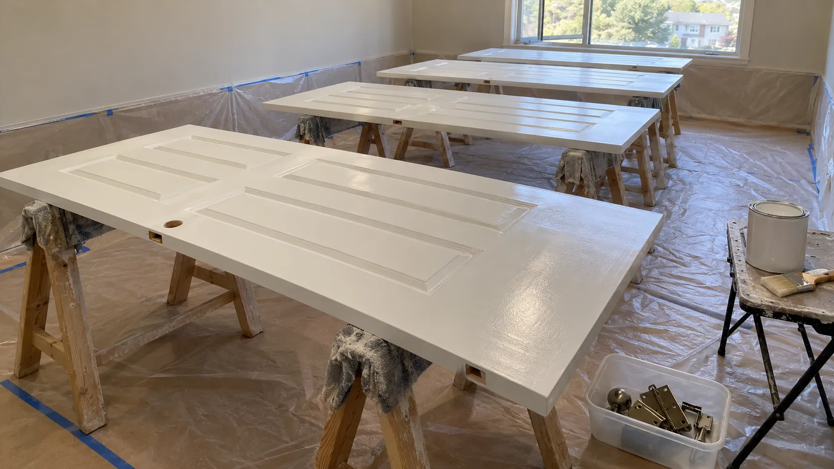 Four six-panel interior doors lying flat on padded sawhorses in a masked-off room of a New Jersey home, hardware removed and the first coat of white enamel drying