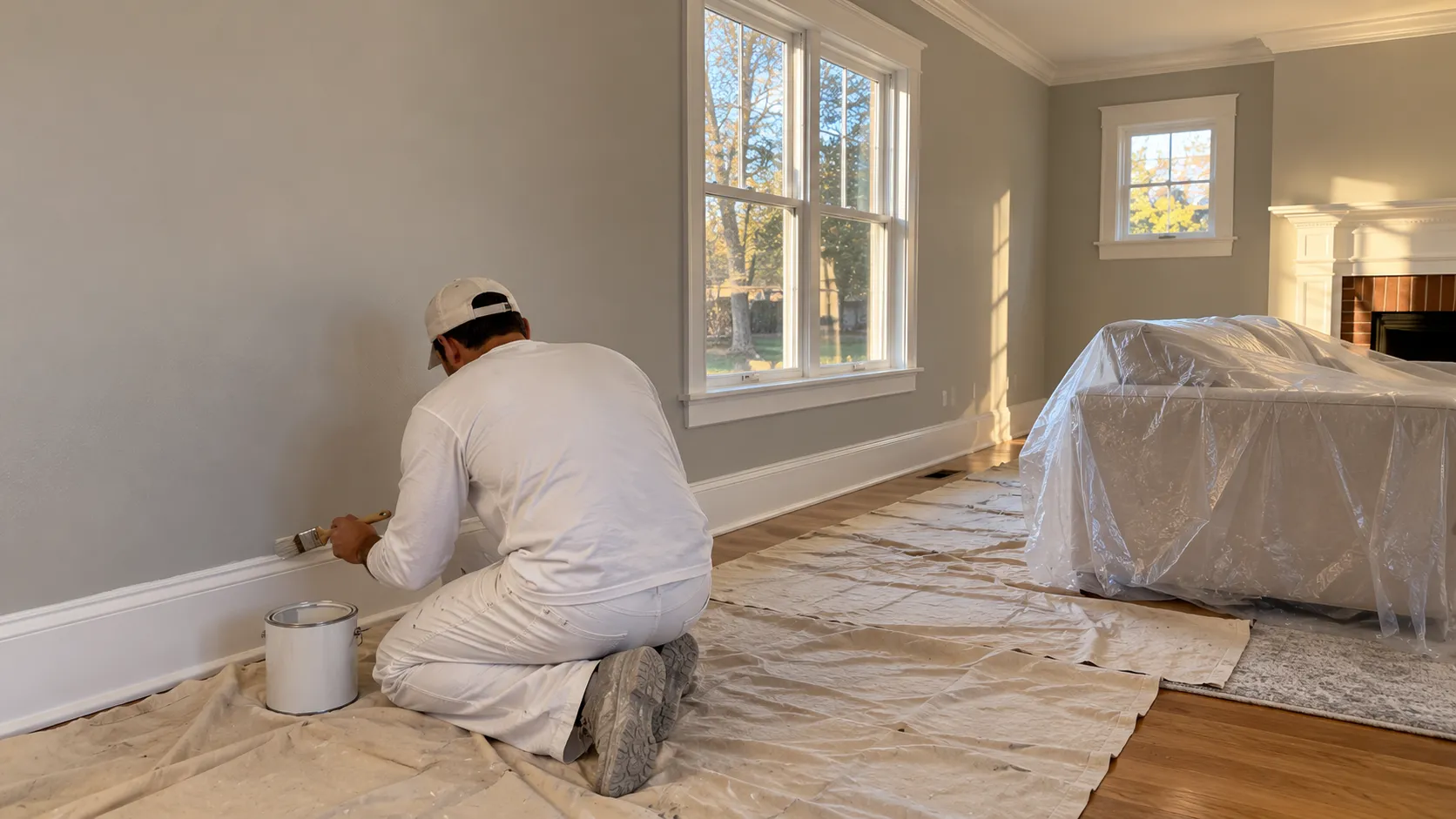 Painter kneeling on a drop cloth brushing white enamel onto the baseboard of a New Jersey living room, cutting a clean line against a freshly painted gray wall