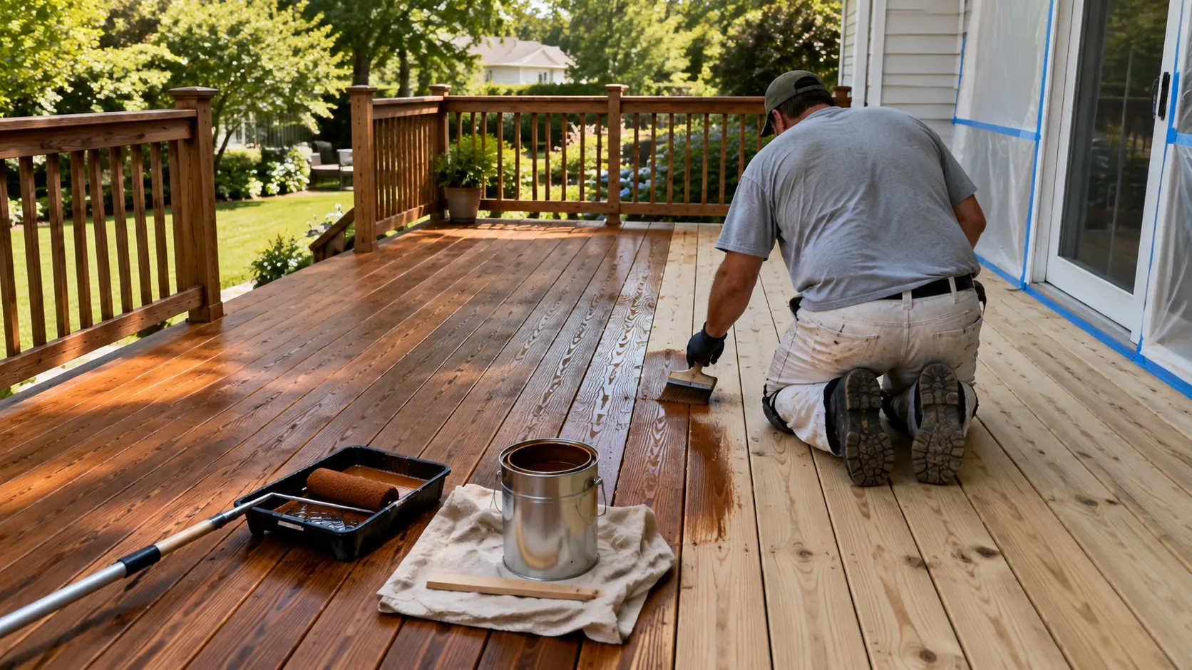 Painter applying semi-transparent brown stain to pressure-treated deck boards with a roller and brush on a New Jersey backyard deck