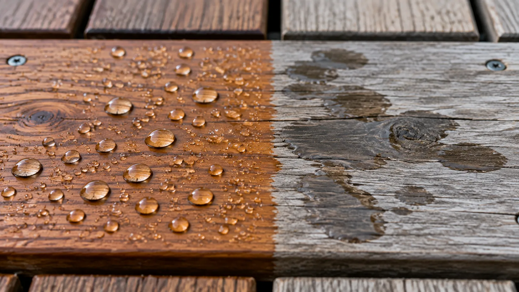 Close-up of water beading on one half of a stained deck board and soaking into weathered gray wood on the other half