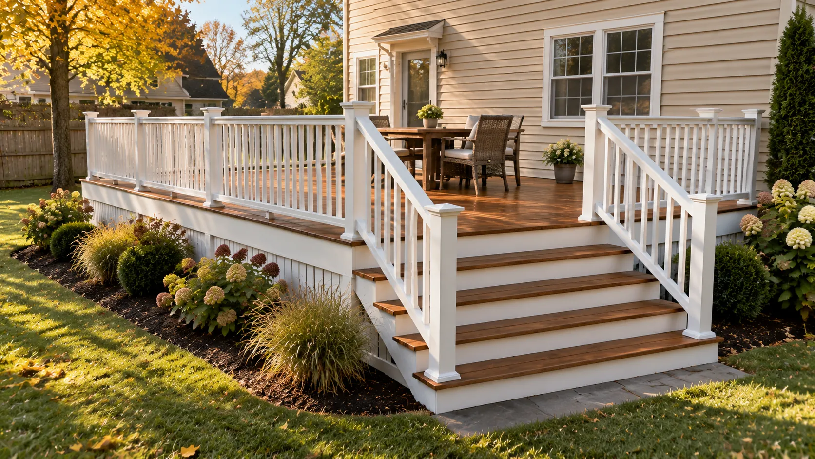 Two-tone deck with a stained floor and solid white railings (illustrative) Two-tone deck with a stained floor and solid white railings (illustrative)