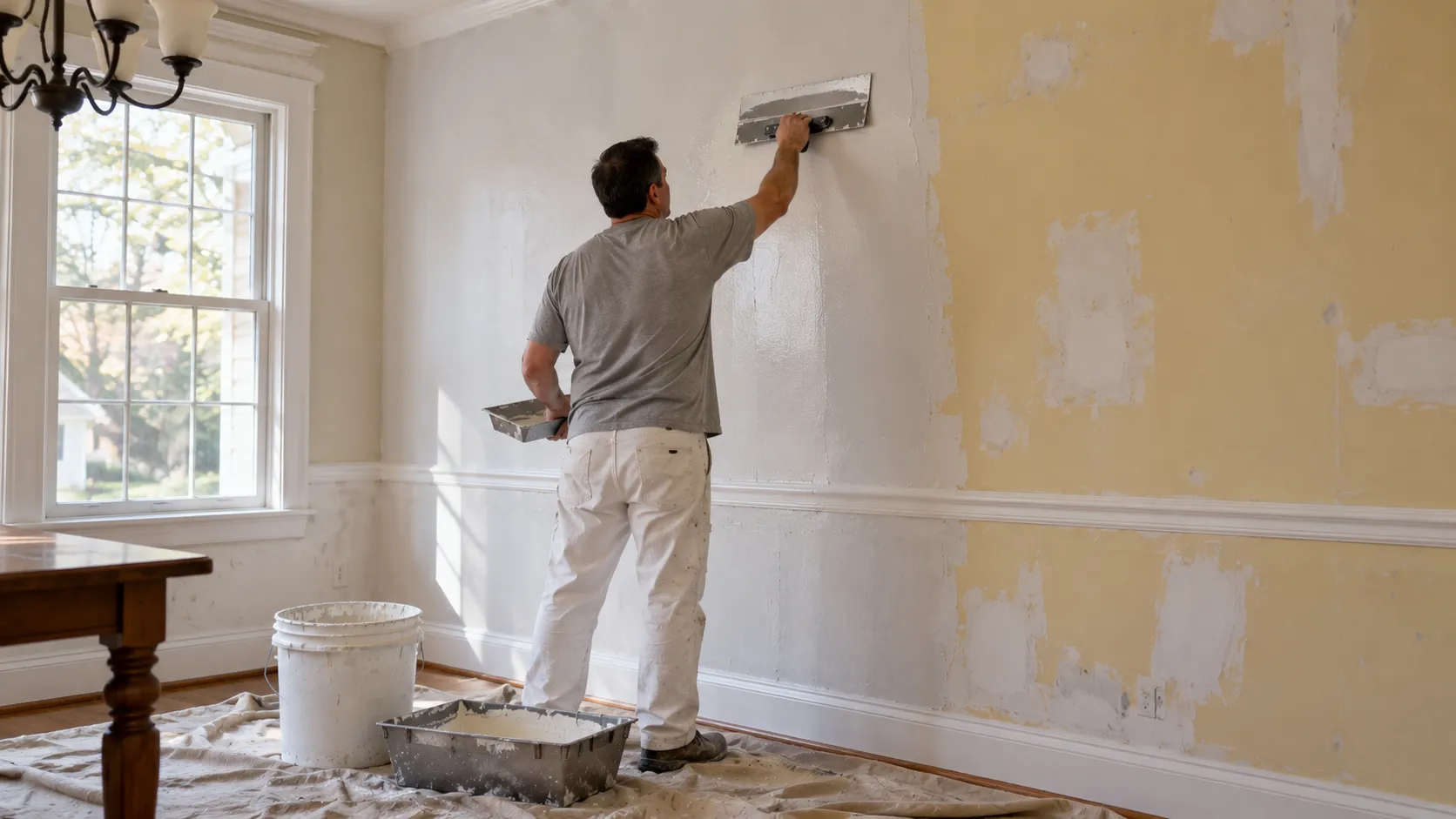 Painter skim coating a wall with joint compound and a wide drywall knife in an older New Jersey home before priming and painting