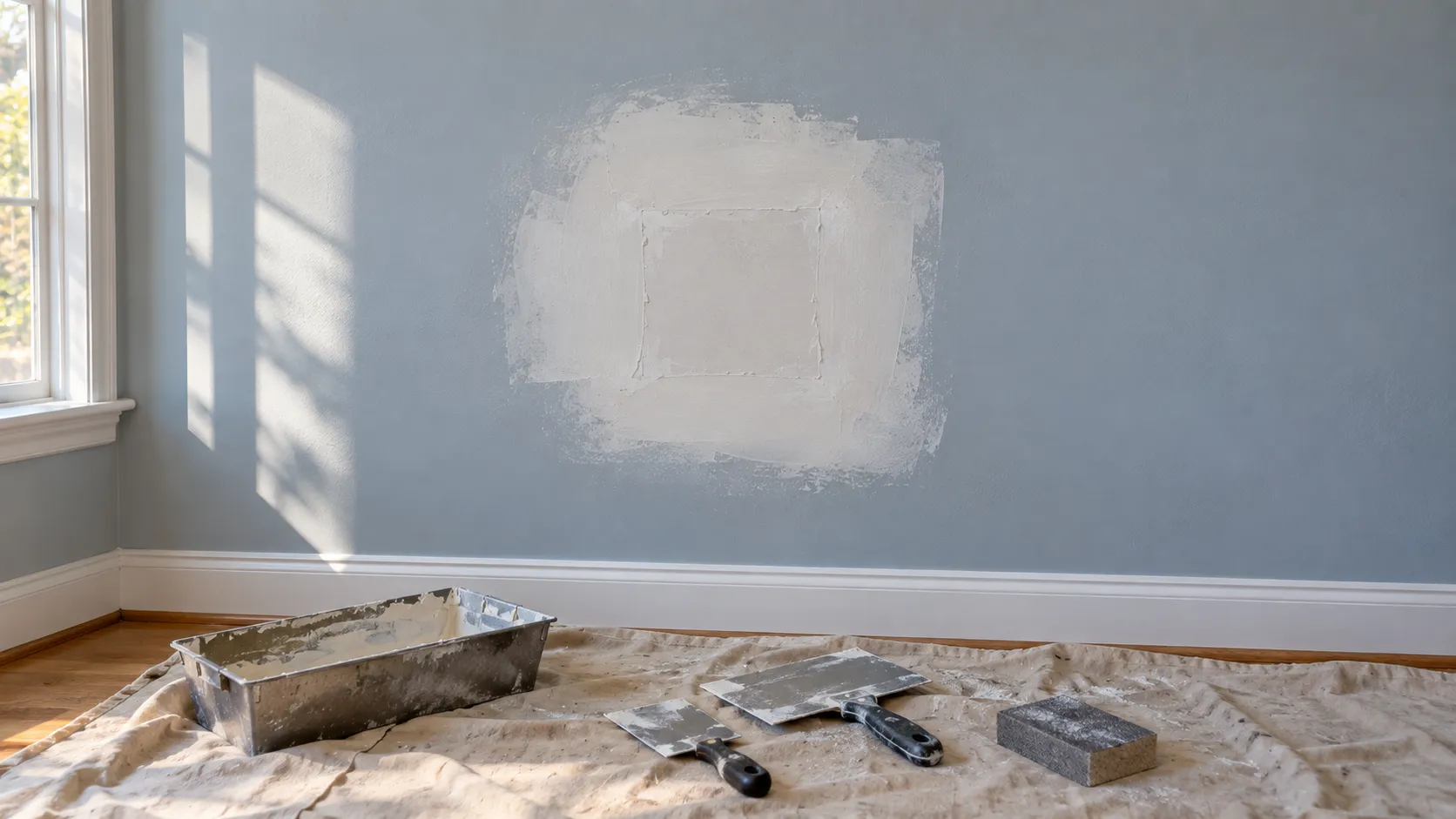 Drywall patch on a living room wall in a New Jersey home, taped and coated with joint compound feathered wide around the repair before sanding and priming
