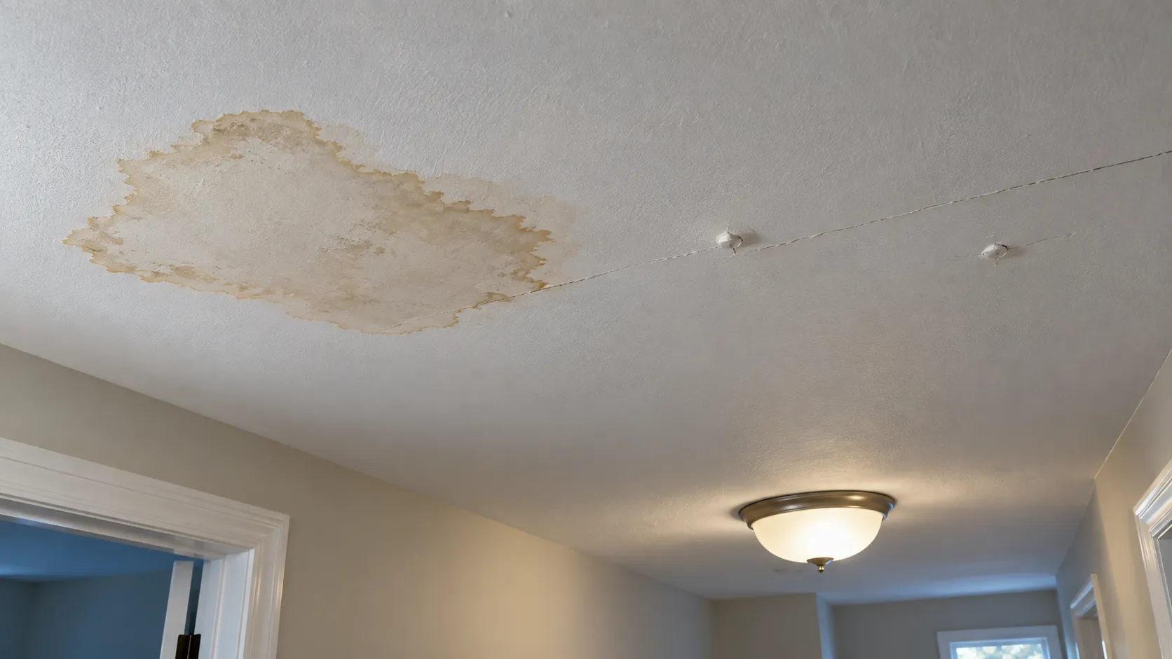 Brown water stain on a white drywall ceiling next to a hairline ceiling crack and two nail pops in a New Jersey home