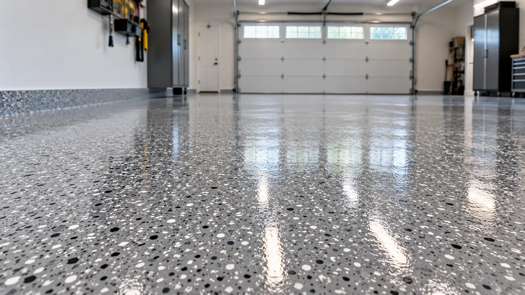 Finished high-gloss grey flake epoxy floor in a clean two-car suburban garage in New Jersey