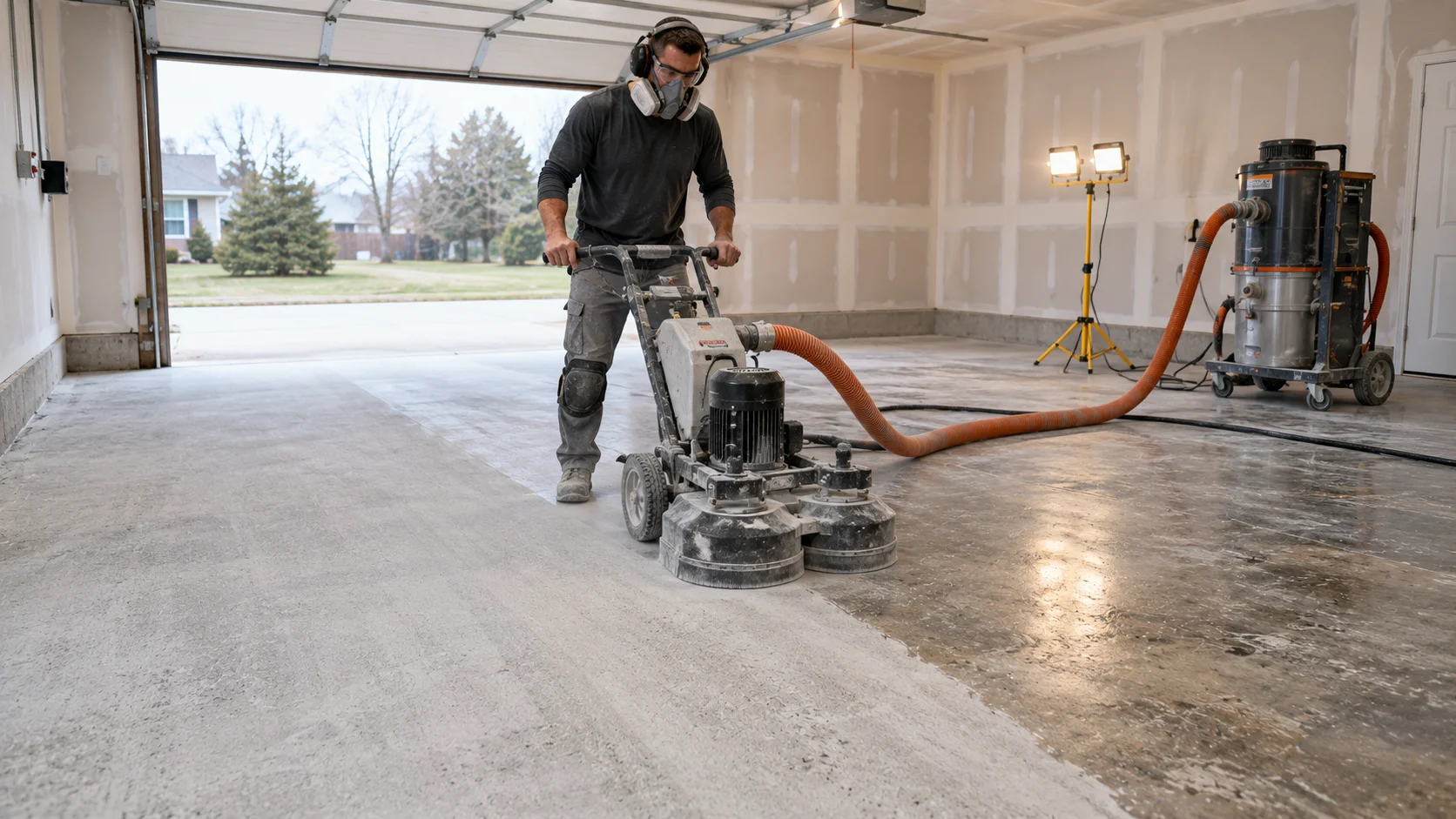 Technician running a walk-behind diamond grinder with dust extraction across a bare concrete garage slab