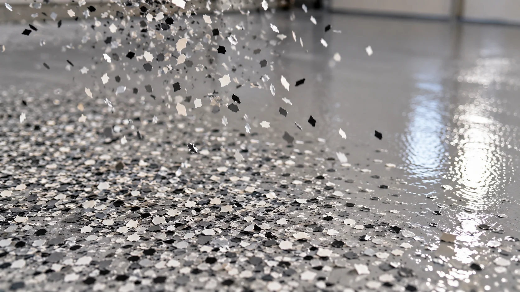 Decorative vinyl flake falling into a wet grey epoxy base coat and settling to refusal