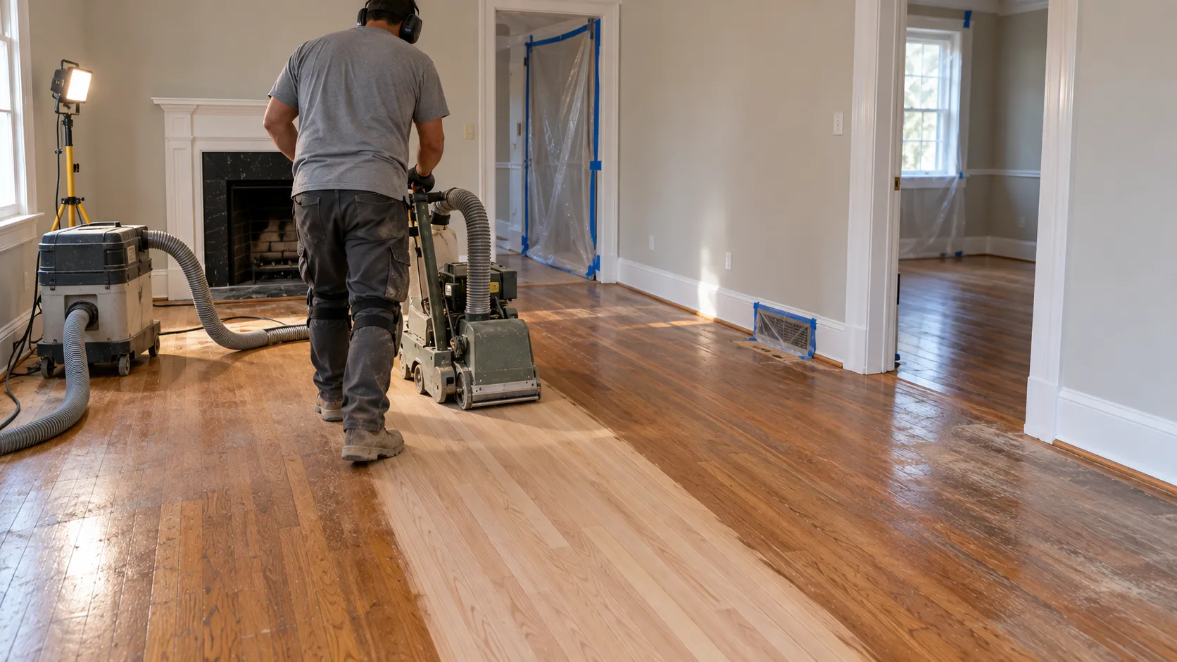 Floor refinisher running a drum sander connected to a dust extraction hose across a red oak floor in a New Jersey living room