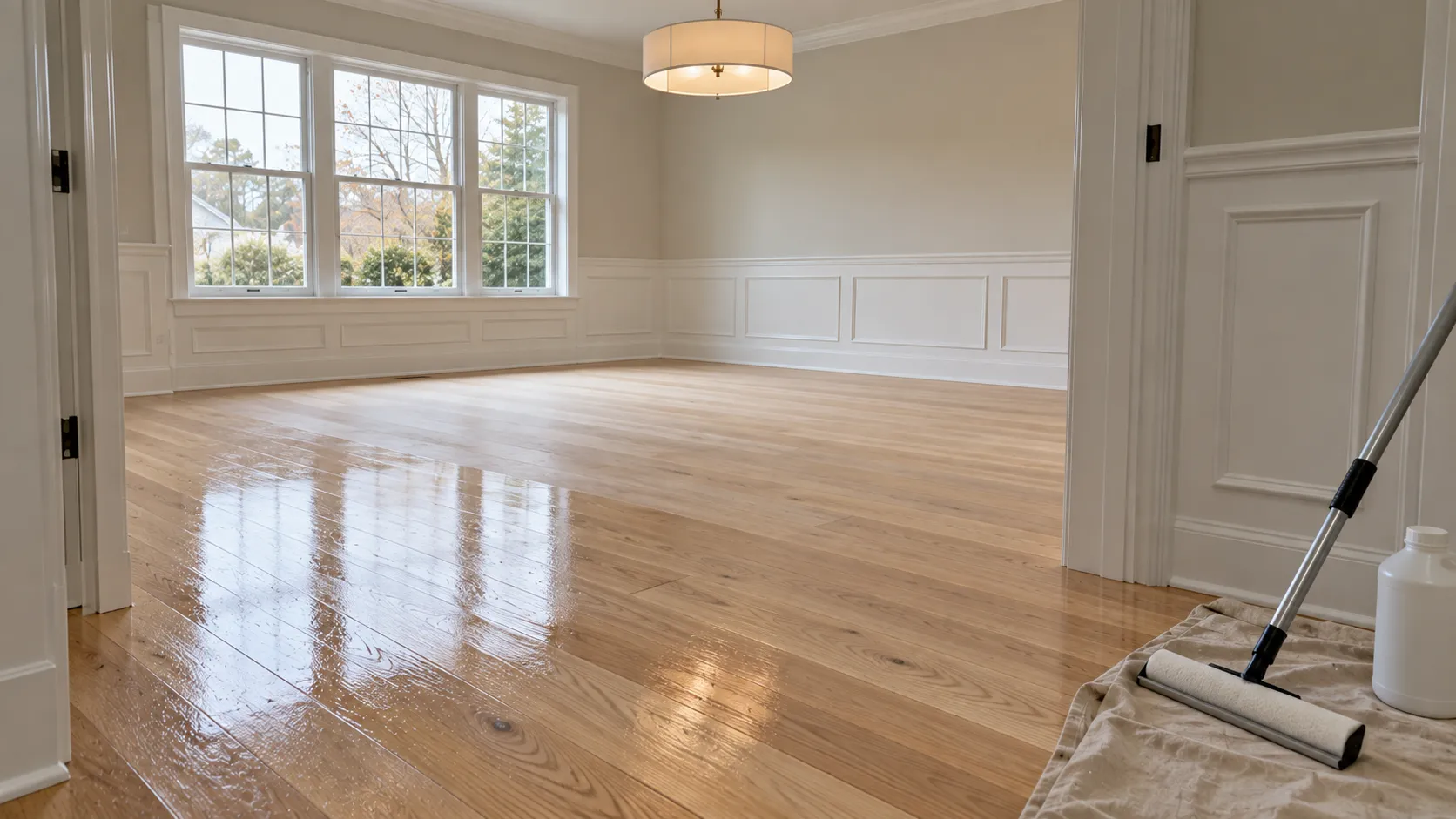 Freshly refinished natural white oak floor with a clear waterborne finish drying in an empty New Jersey dining room