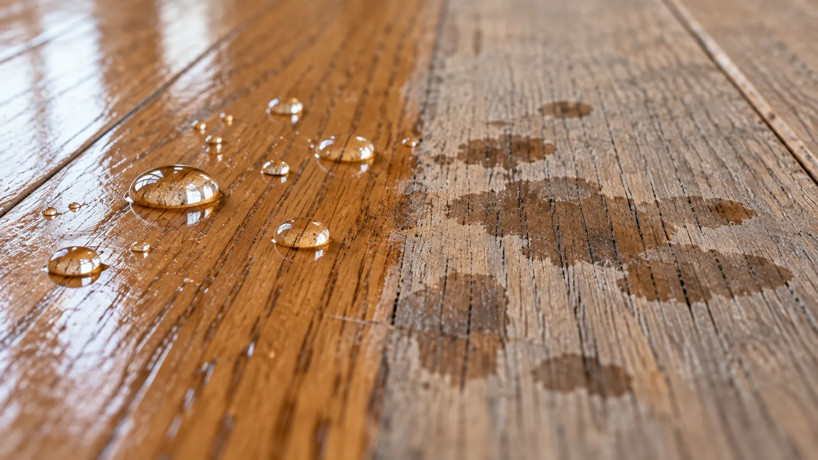 Water drops soaking into a worn gray traffic lane on an old oak floor next to beaded drops on intact finish, a sign the hardwood floor needs refinishing