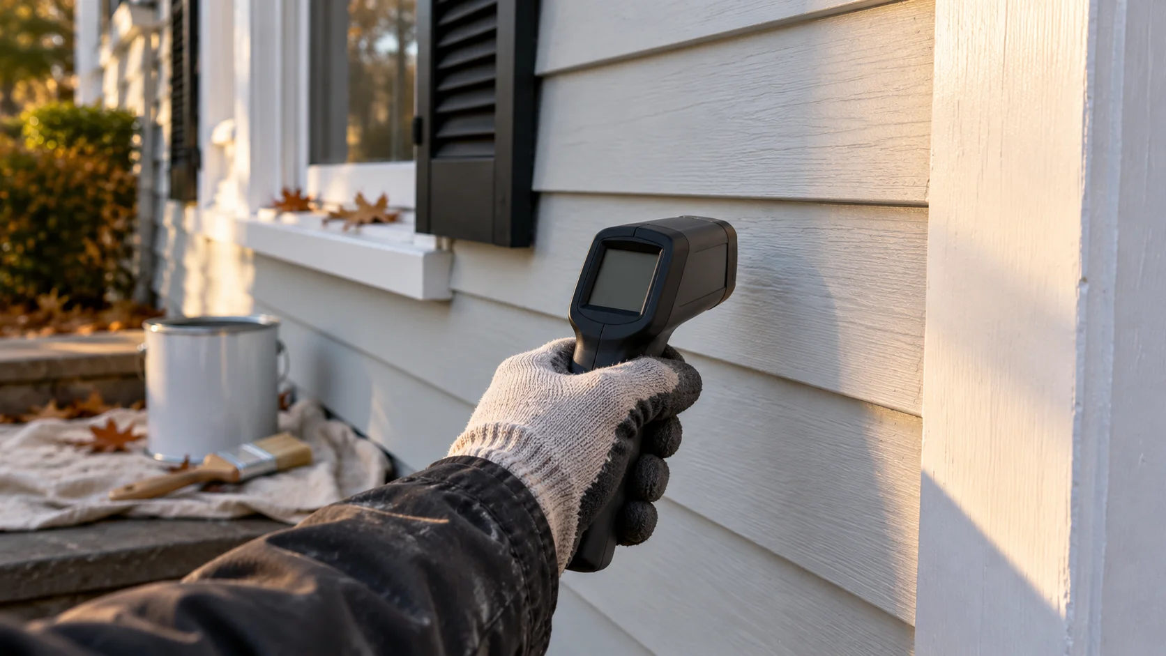 Painter checking the surface temperature of white clapboard siding with an infrared thermometer before painting in cold weather on a New Jersey colonial