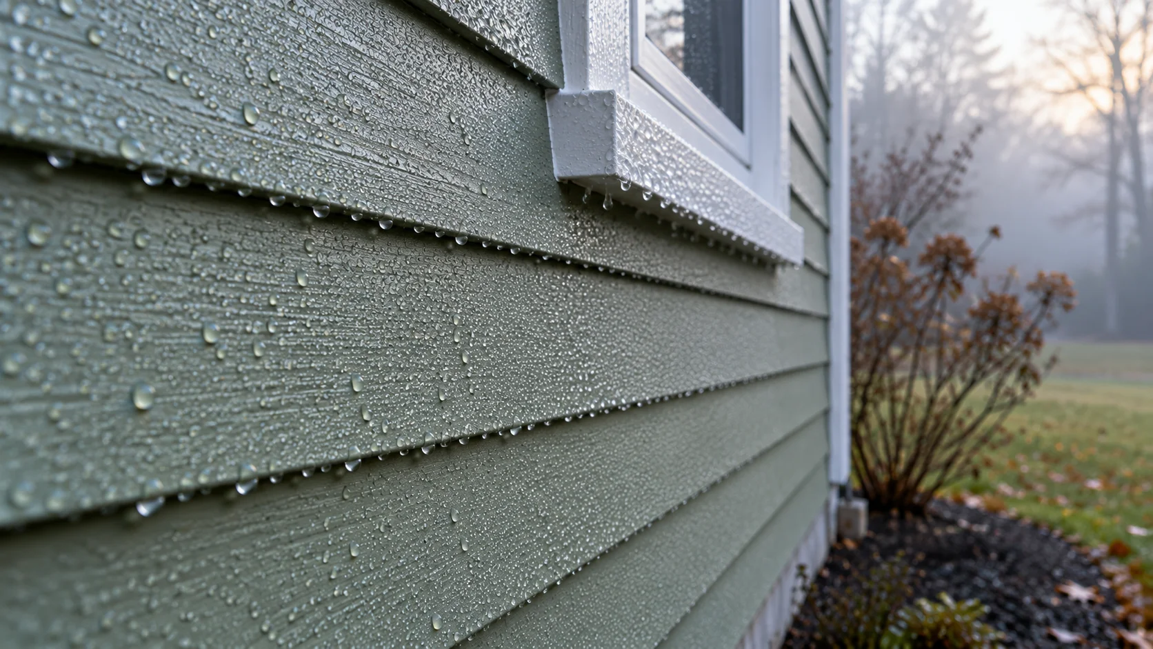Heavy morning dew beaded on the shaded side of painted clapboard siding on a New Jersey Cape Cod house in late fall