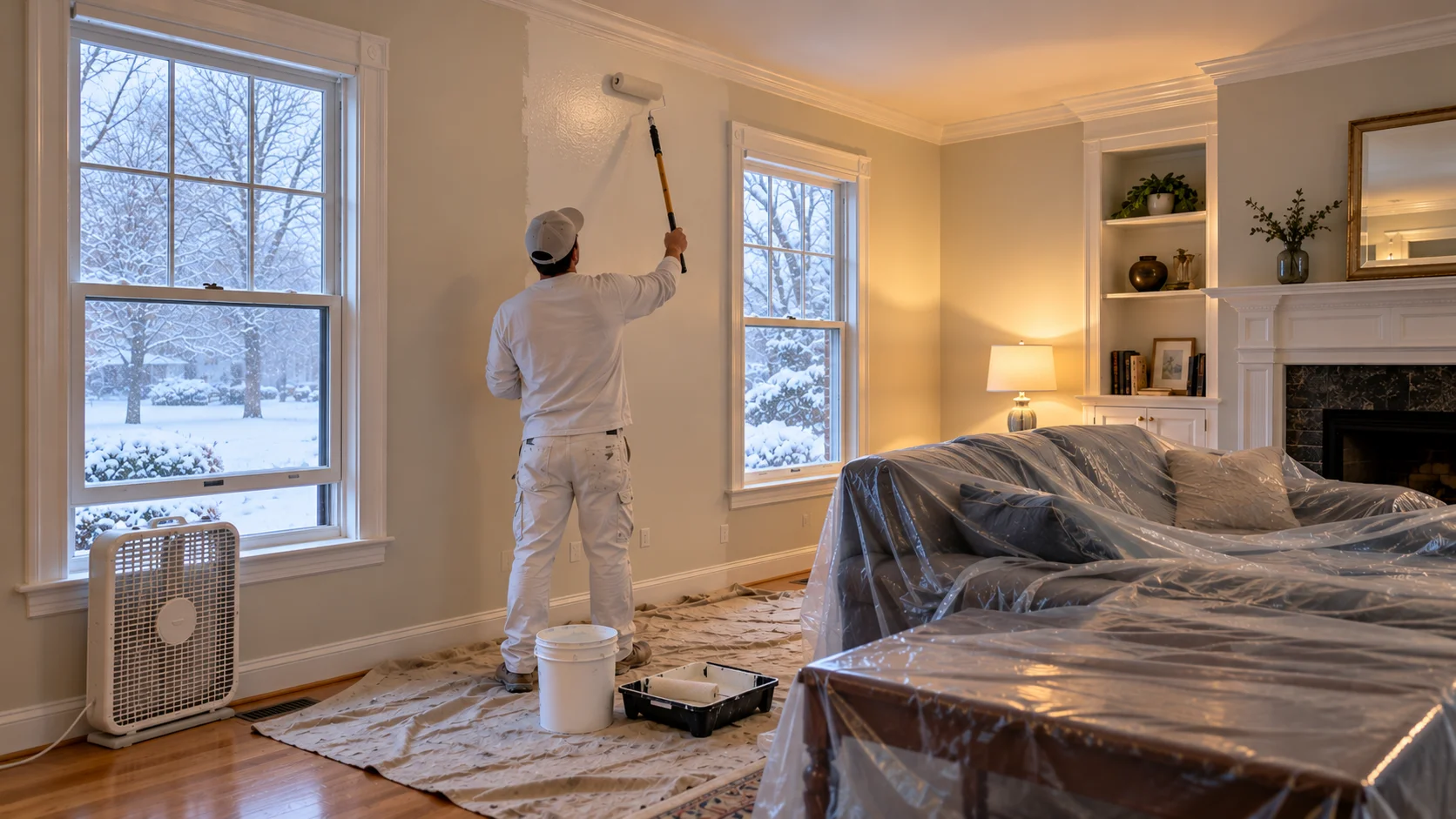 Painter rolling a warm white color onto a living room wall inside a New Jersey home on a snowy winter day
