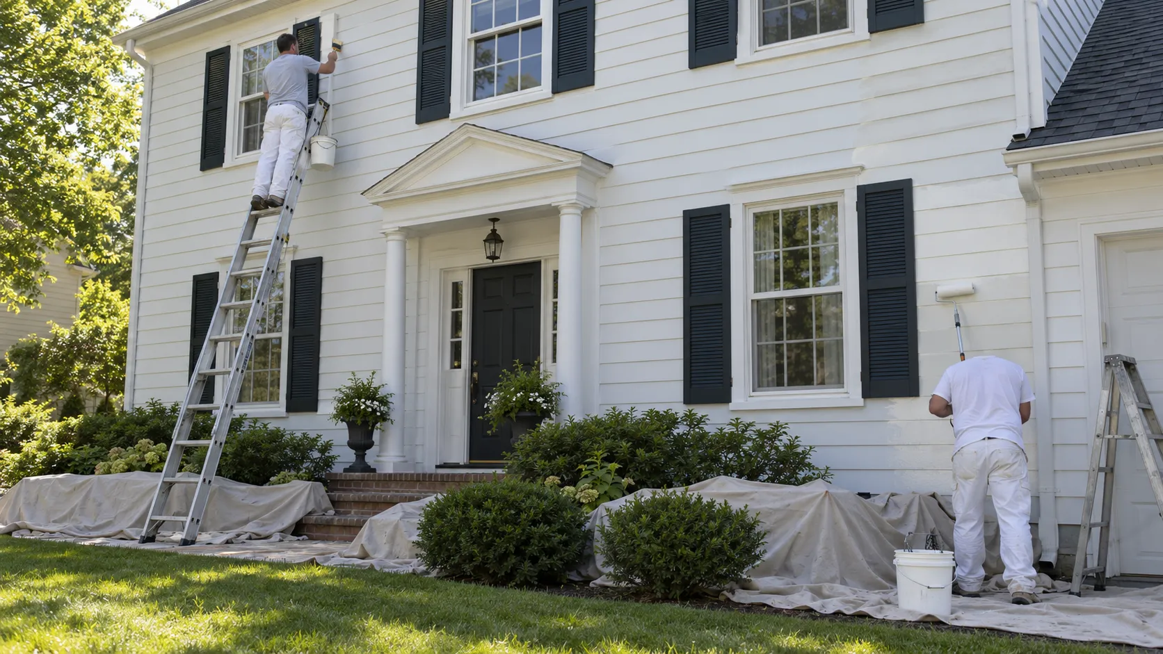 Two painters working on the front elevation of a two-story central New Jersey colonial with white clapboard siding, one on an extension ladder cutting in the trim and one rolling siding from the ground, with drop cloths over the shrubs