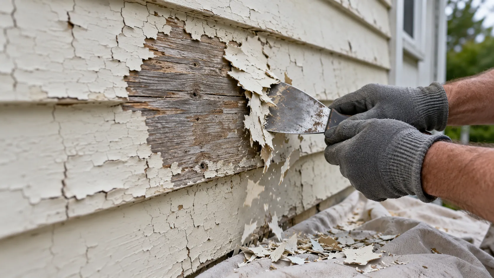 Close view of a painter's gloved hands scraping loose, curling white paint from the clapboard siding of an older New Jersey house, with flakes falling onto a drop cloth below