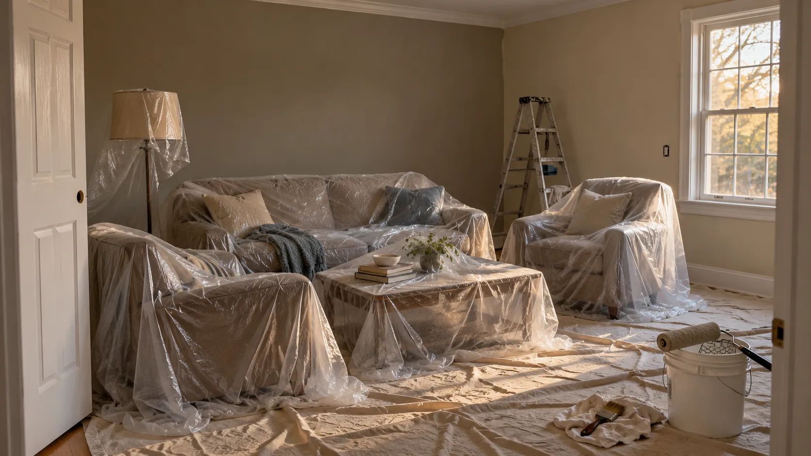 Living room of an occupied New Jersey colonial mid-repaint, with furniture grouped under plastic in the middle of the room, canvas drop cloths over the hardwood, and a stepladder and roller pole set aside at the end of the working day