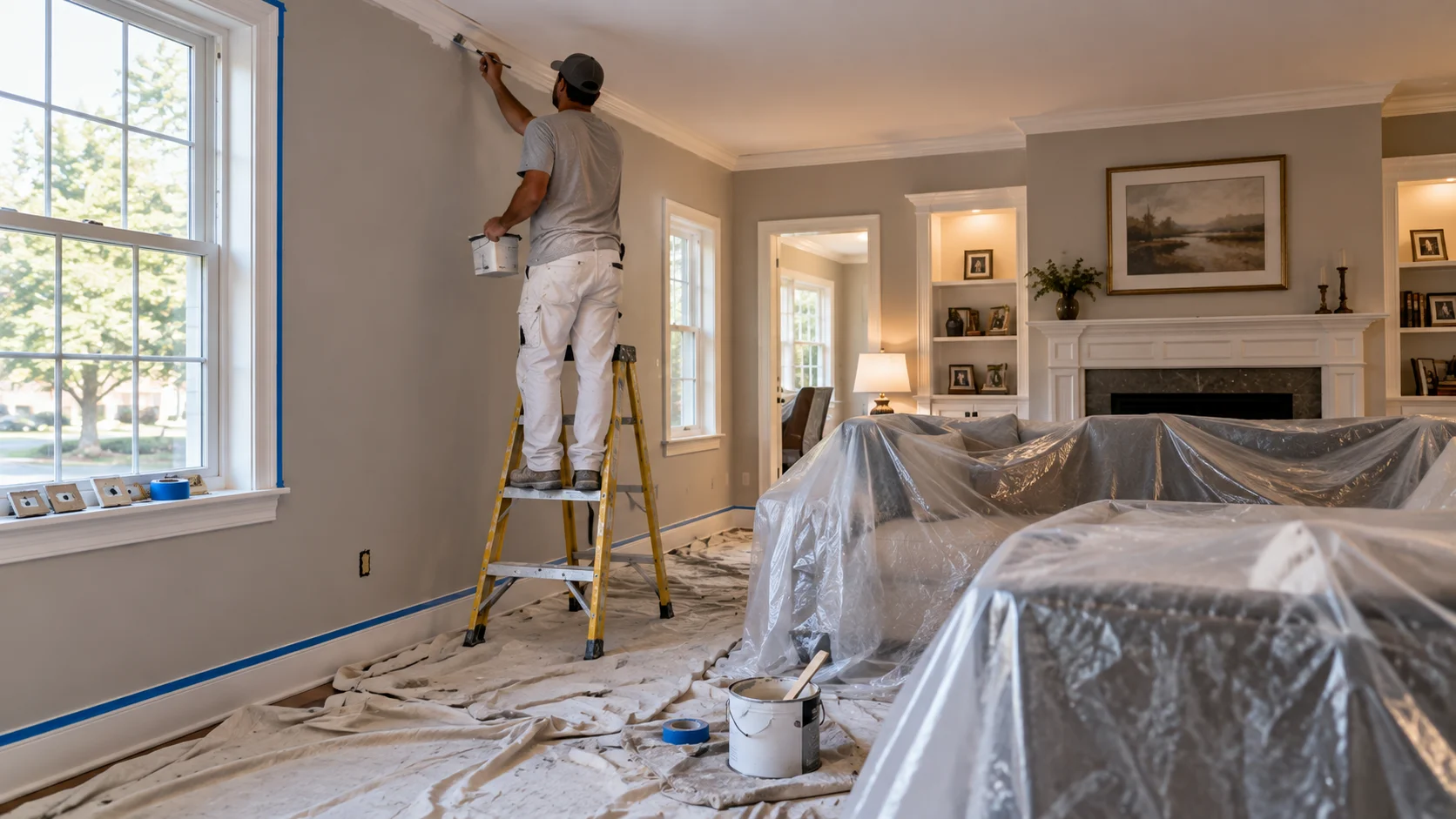 Painter cutting in a ceiling line with a brush in a furnished New Jersey living room with drop cloths covering the floor
