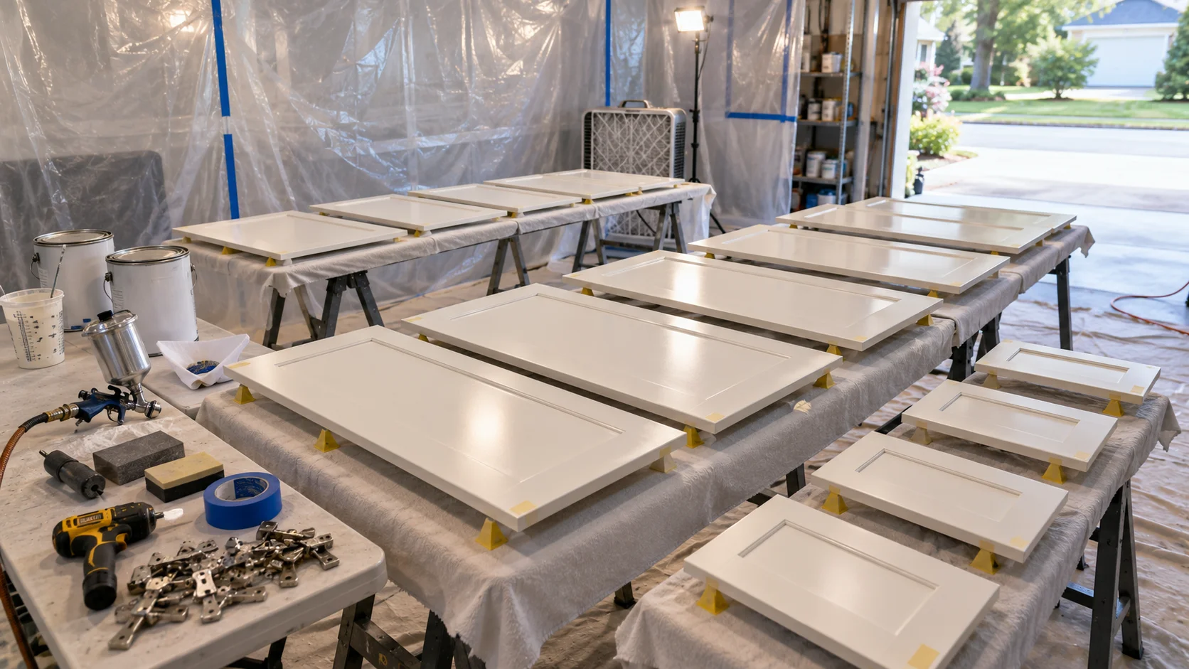 Kitchen cabinet doors laid out on sawhorses under plastic sheeting with a spray gun and paint cans, mid-refinishing in a New Jersey home
