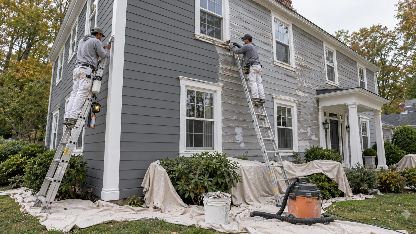 Two painters on extension ladders scraping and caulking the trim of a two-story New Jersey colonial with siding half repainted