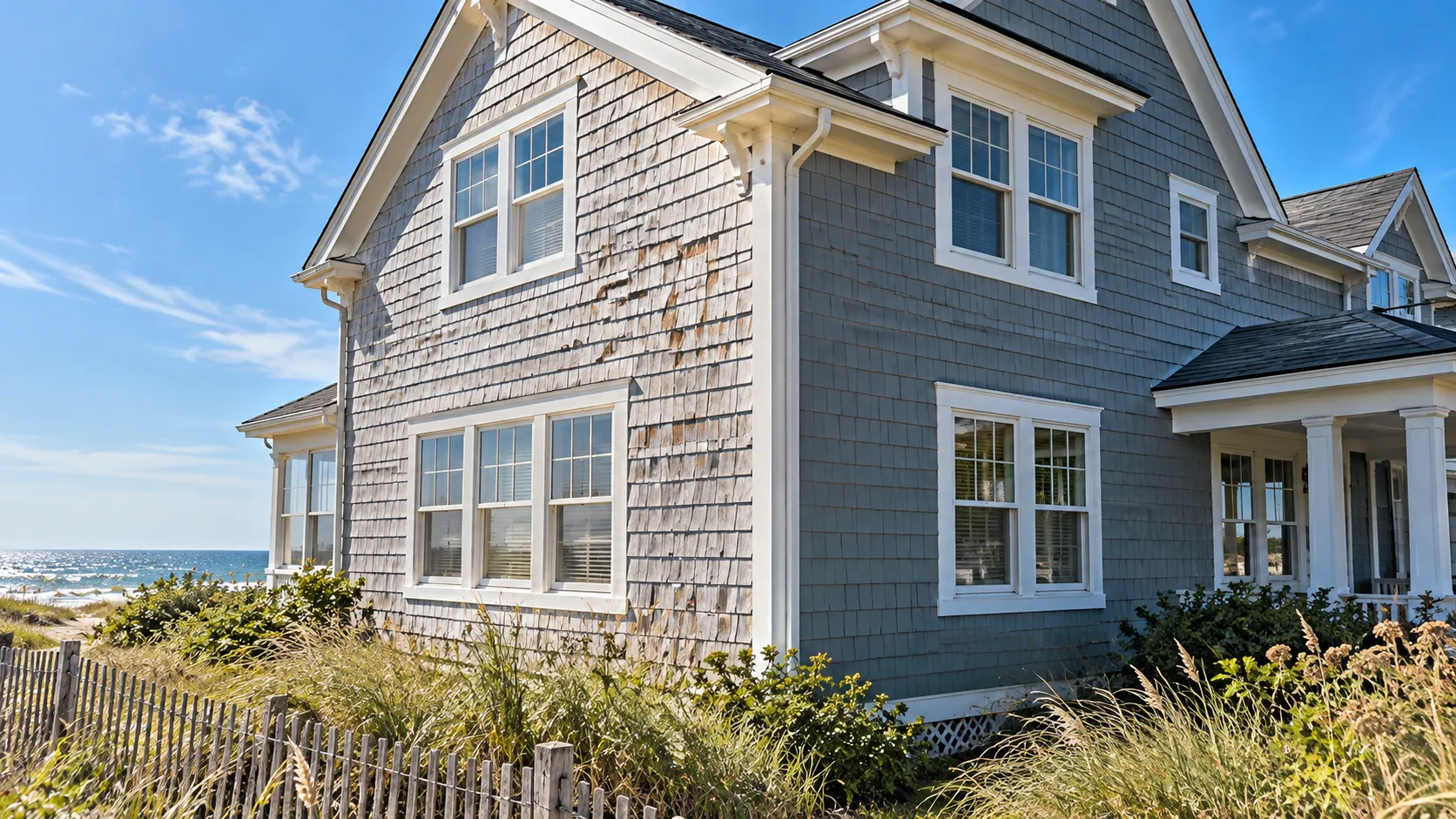 How often should you paint your house at the Jersey Shore: a cedar-shingled shore home with the sunny ocean-facing wall faded and weathered while the shaded side still looks fresh