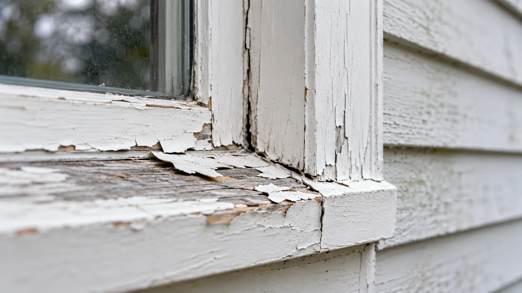 Signs it is time to repaint: peeling white paint, cracked caulk and graying bare wood on a window sill of a New Jersey colonial