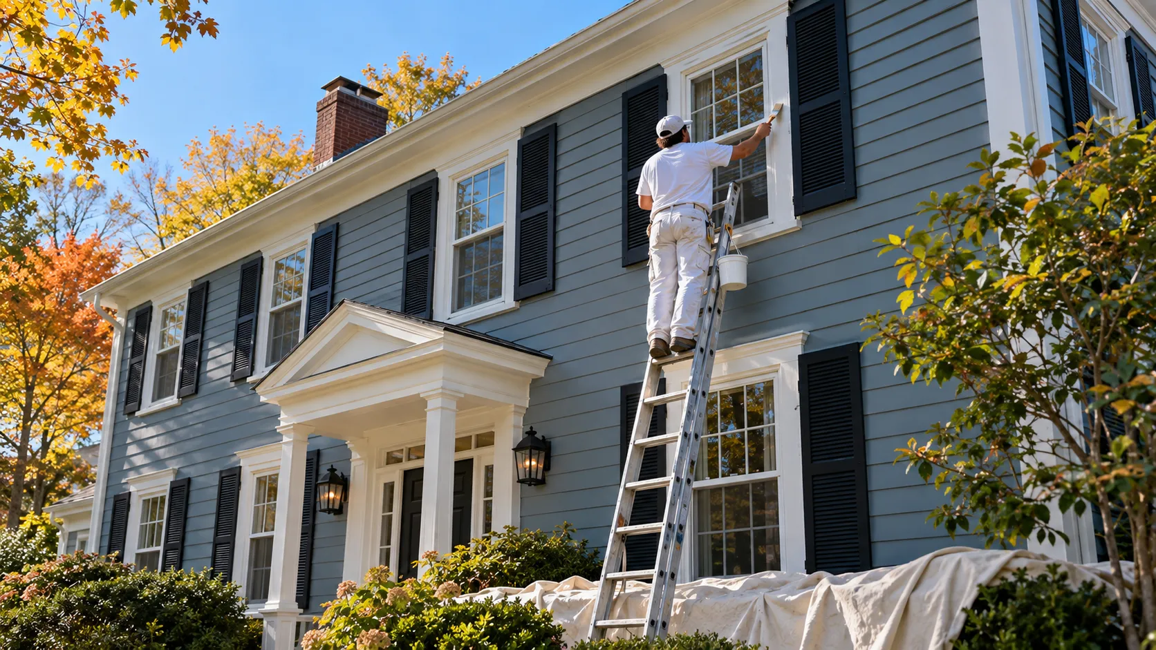 Painter on a ladder repainting the white trim of a blue center-hall colonial in central New Jersey on a clear early fall morning