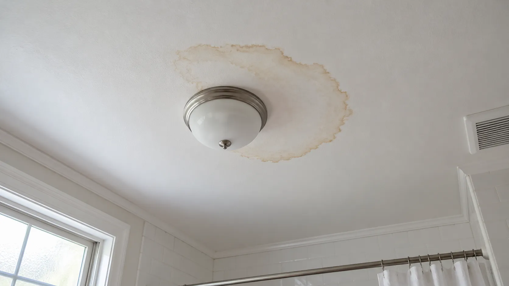 A bathroom ceiling with a brown water stain ring around a light fixture, lit from one side so the edge of the stain is clearly visible