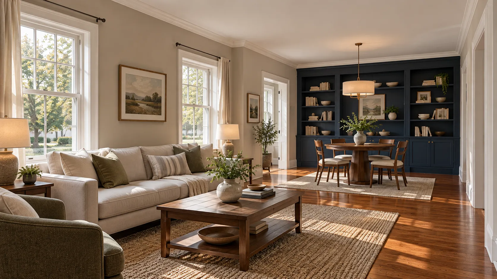 Open-plan living and dining room in a New Jersey colonial painted a warm greige with bright white trim, white ceiling and a navy blue built-in bookcase