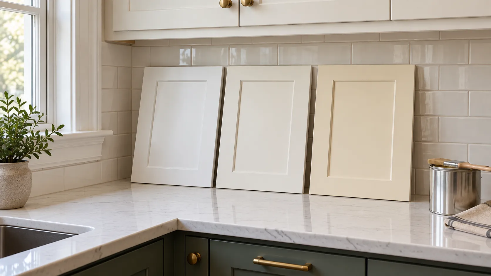 Three white cabinet door samples in bright white, soft white and cream leaned against a white quartz countertop and white window trim in a New Jersey kitchen