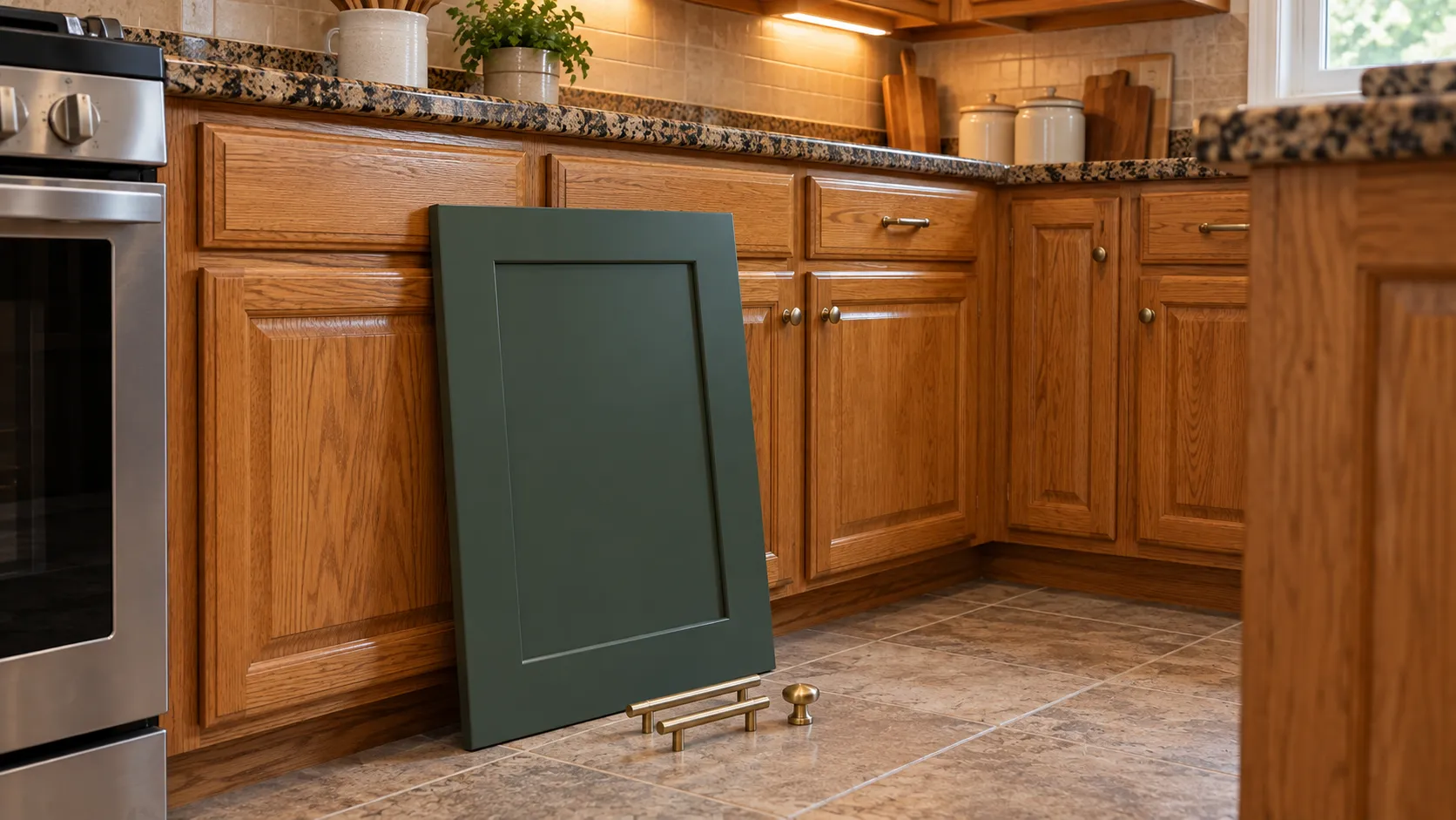 Sprayed cabinet door sample in deep green standing against an oak kitchen cabinet run beside brass pulls and a granite countertop