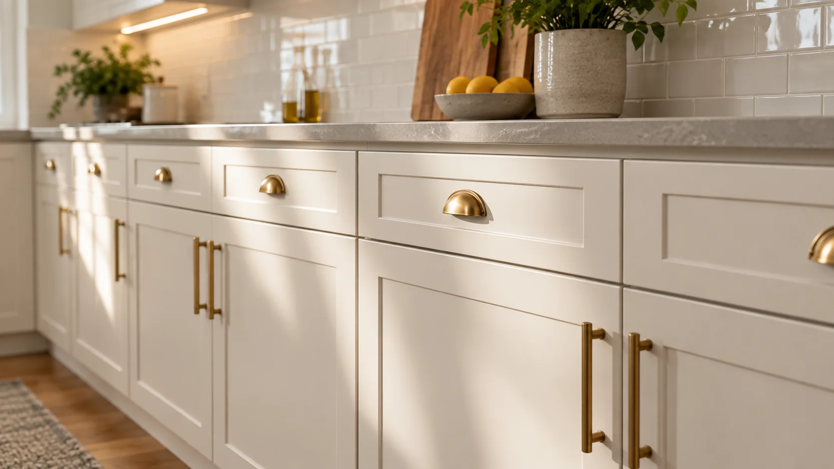 Freshly sprayed white shaker kitchen cabinets in a New Jersey home with brushed brass hardware