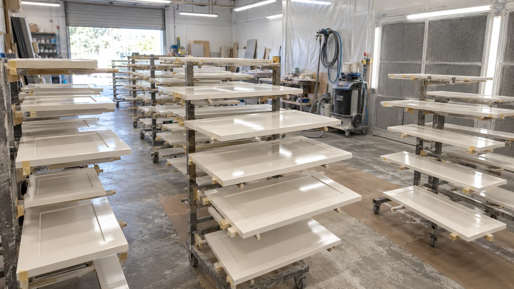 Kitchen cabinet doors racked on drying stands inside a professional spray finishing shop