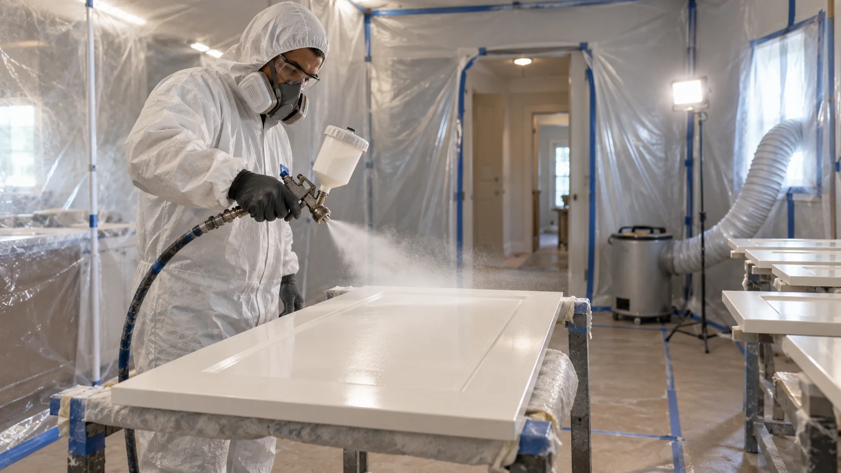 Painter in a respirator spraying a cabinet door with an HVLP gun inside a containment enclosure