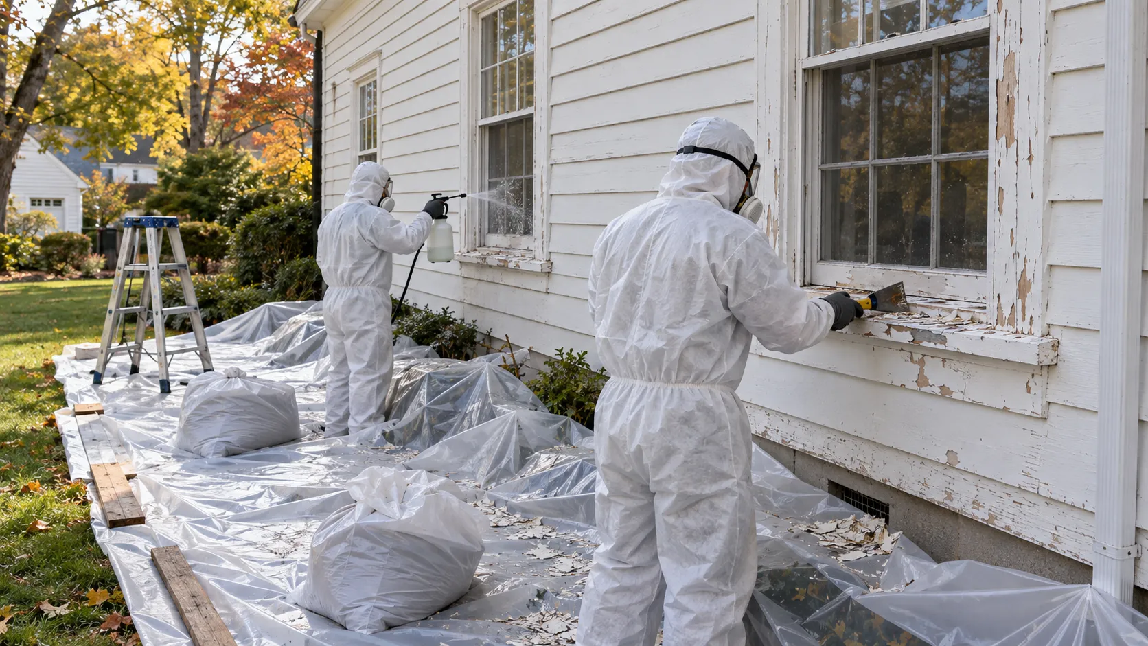 Lead-safe exterior painting setup on an older New Jersey house: plastic sheeting spread on the ground below a porch and window trim being scraped