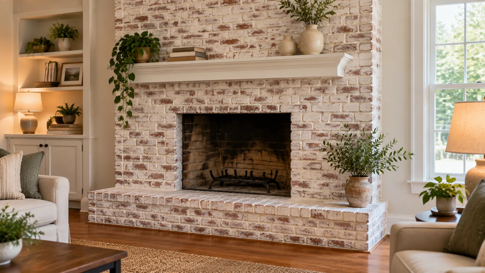 Living room brick fireplace finished in soft white limewash with some red brick showing through and a clean, unpainted firebox