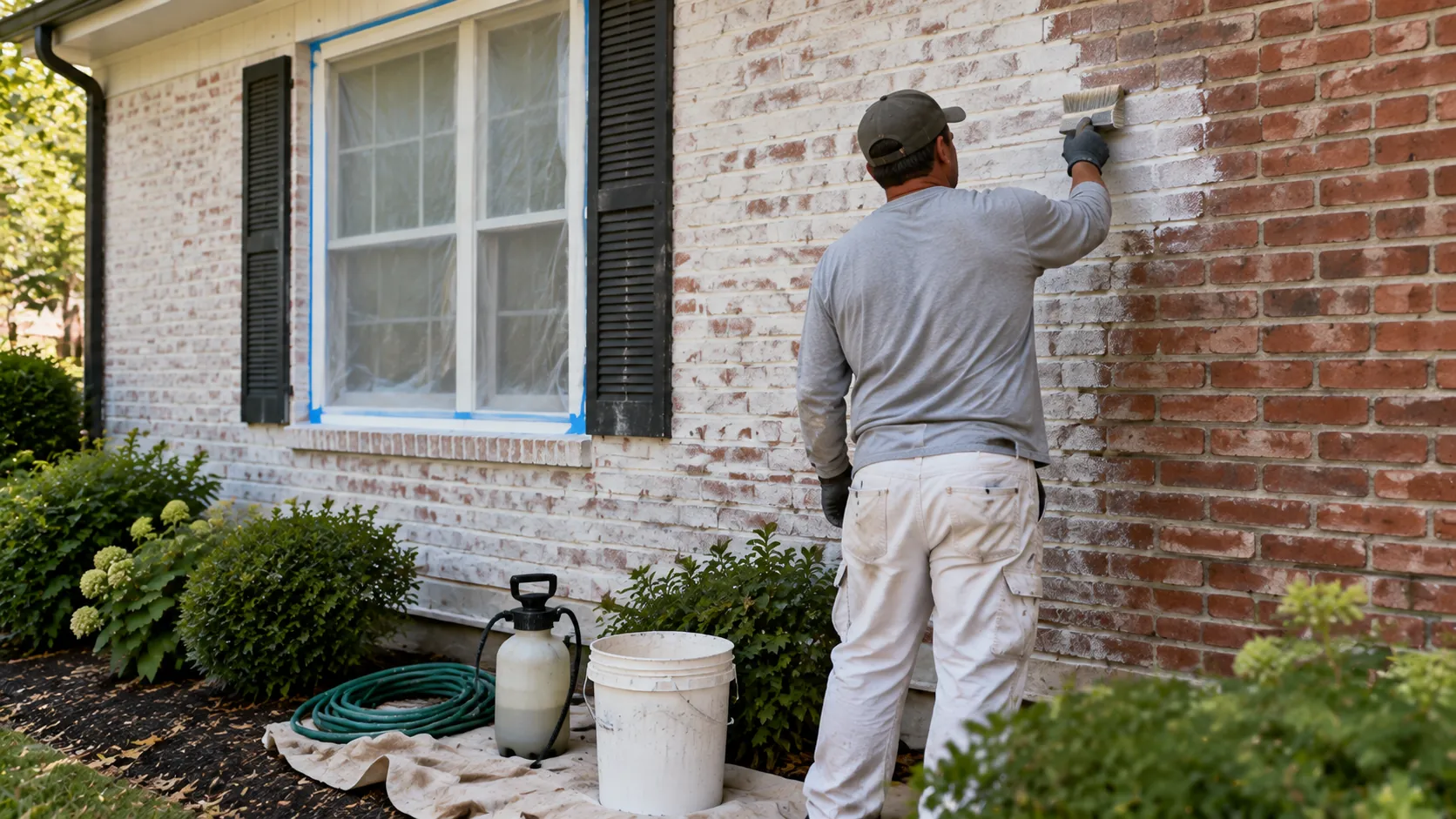 Painter brushing white limewash onto dampened red brick on a New Jersey house, with a test section already washed back beside it