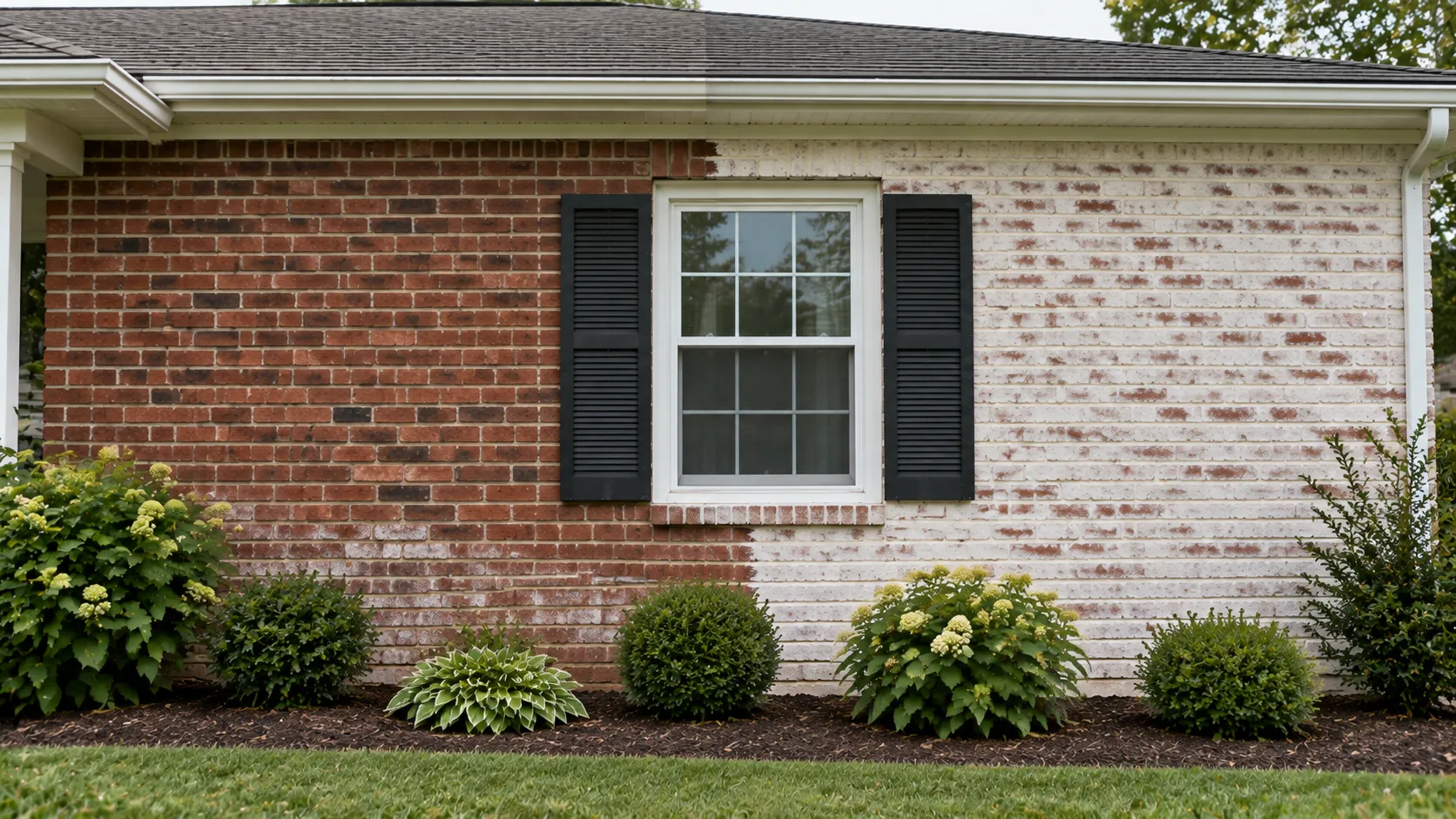 Limewash brick before and after on a New Jersey ranch house, with bare red brick on one side and a soft white limewash finish on the other